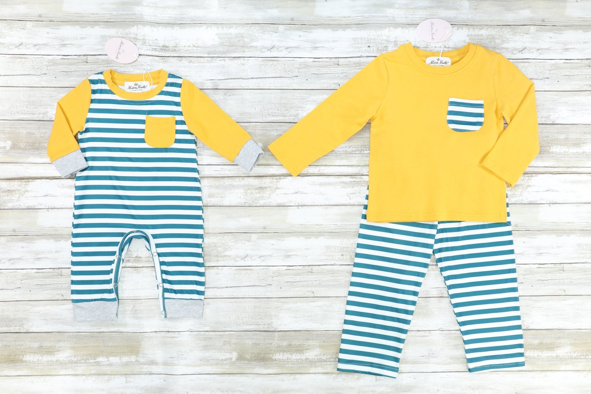 Yellow Pocket Long Sleeve & Striped Bottoms Outfit - Marie Nicole Clothing