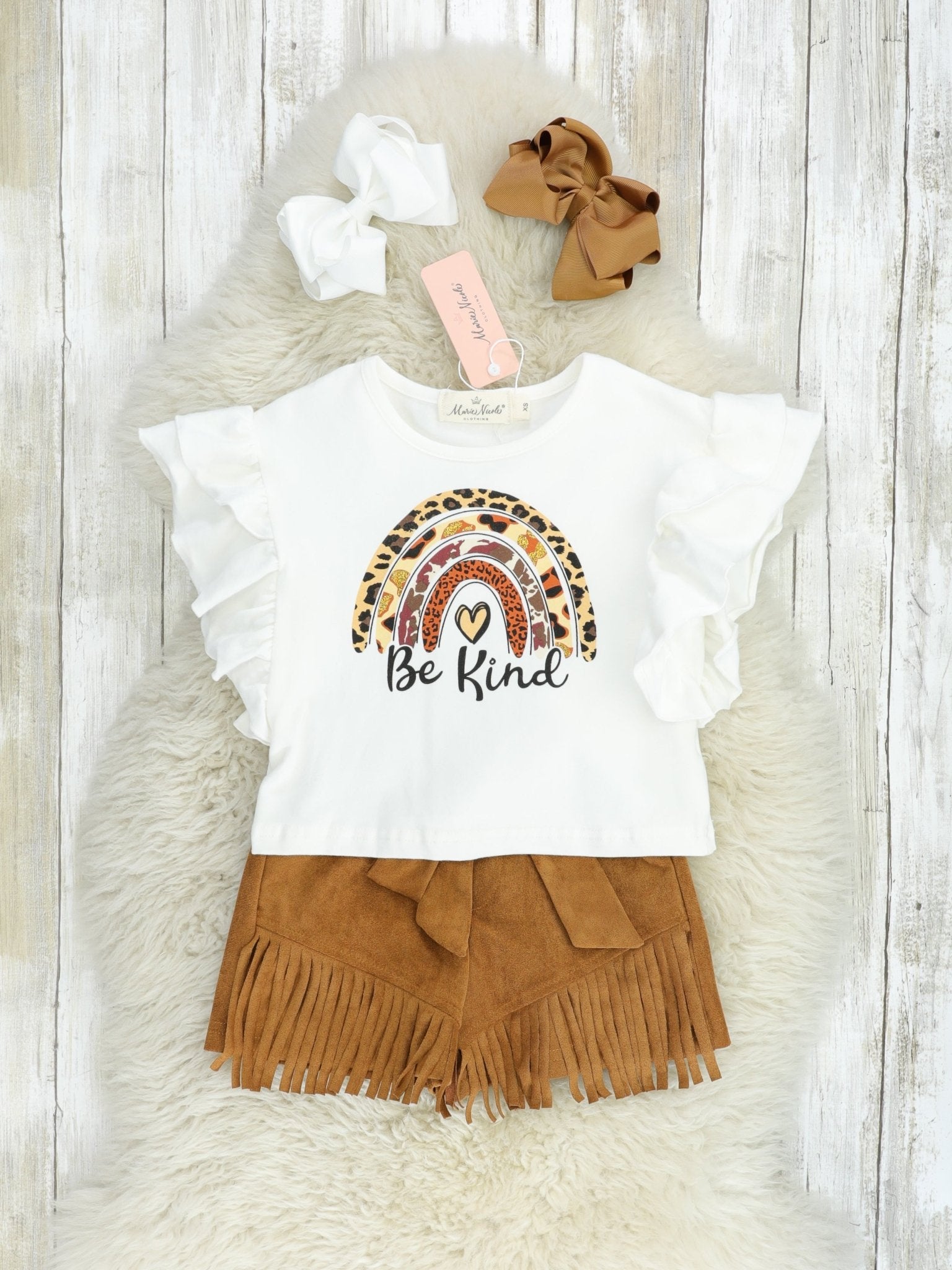 Leopard Rainbow "Be Kind" Top & Suede Fringe Shorts Outfit - Marie Nicole Clothing