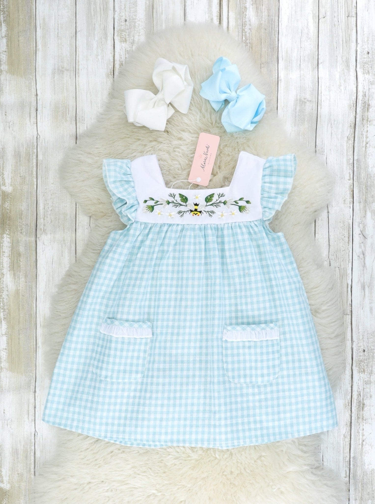 Nile Blue Gingham Bee Pocket Dress - Marie Nicole Clothing