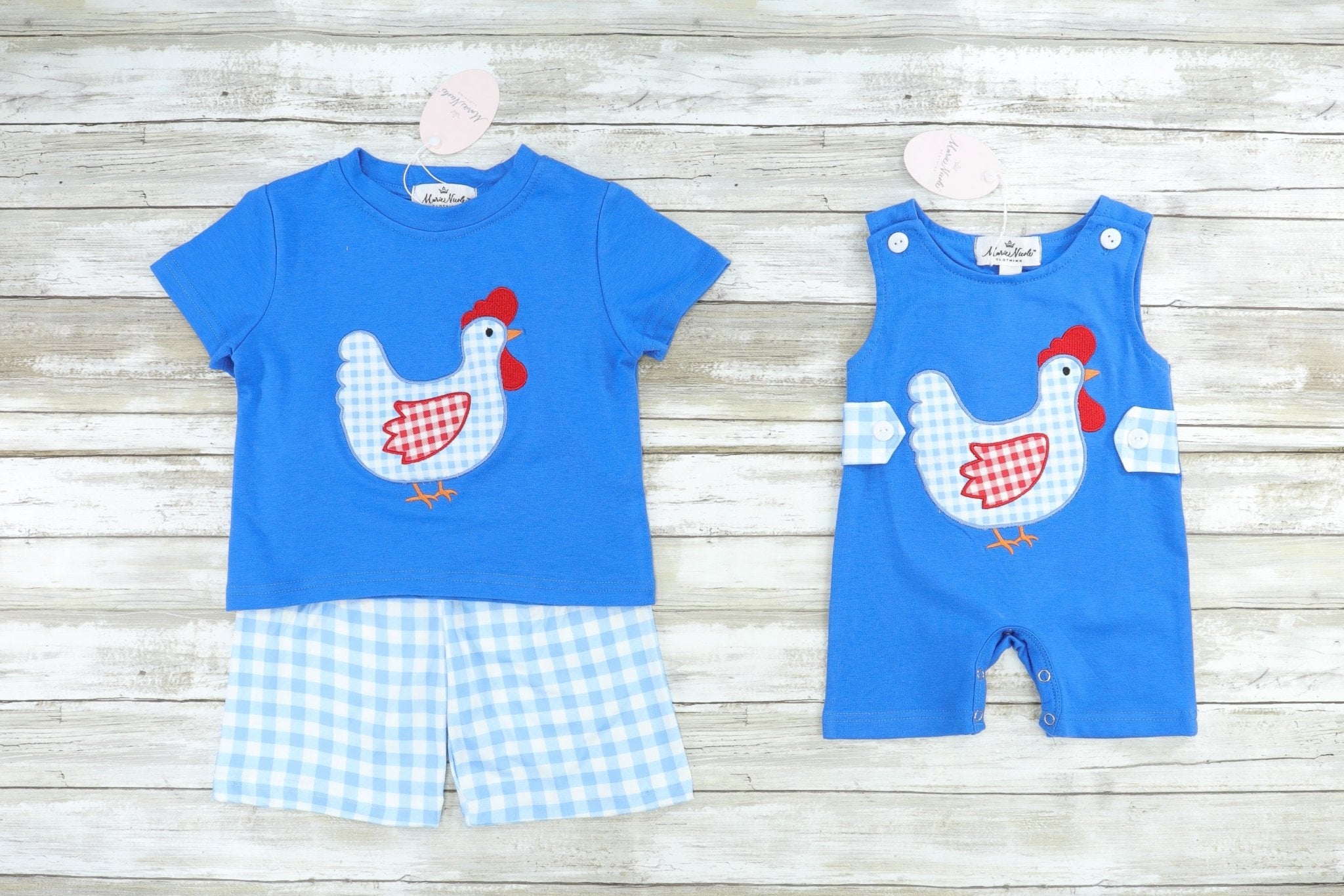 Blue Spring Chicken Ruffle Romper - Marie Nicole Clothing
