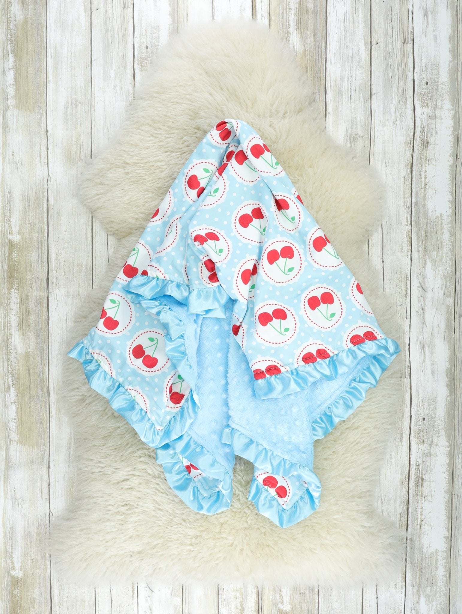 Sky Blue Cherry Minky Blanket - Marie Nicole Clothing