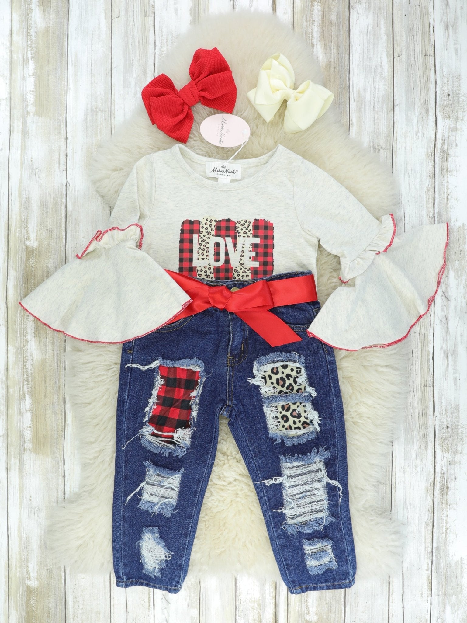 Buffalo Plaid Love Ruffle Top & Distressed Denim Pants Outfit - Marie Nicole Clothing