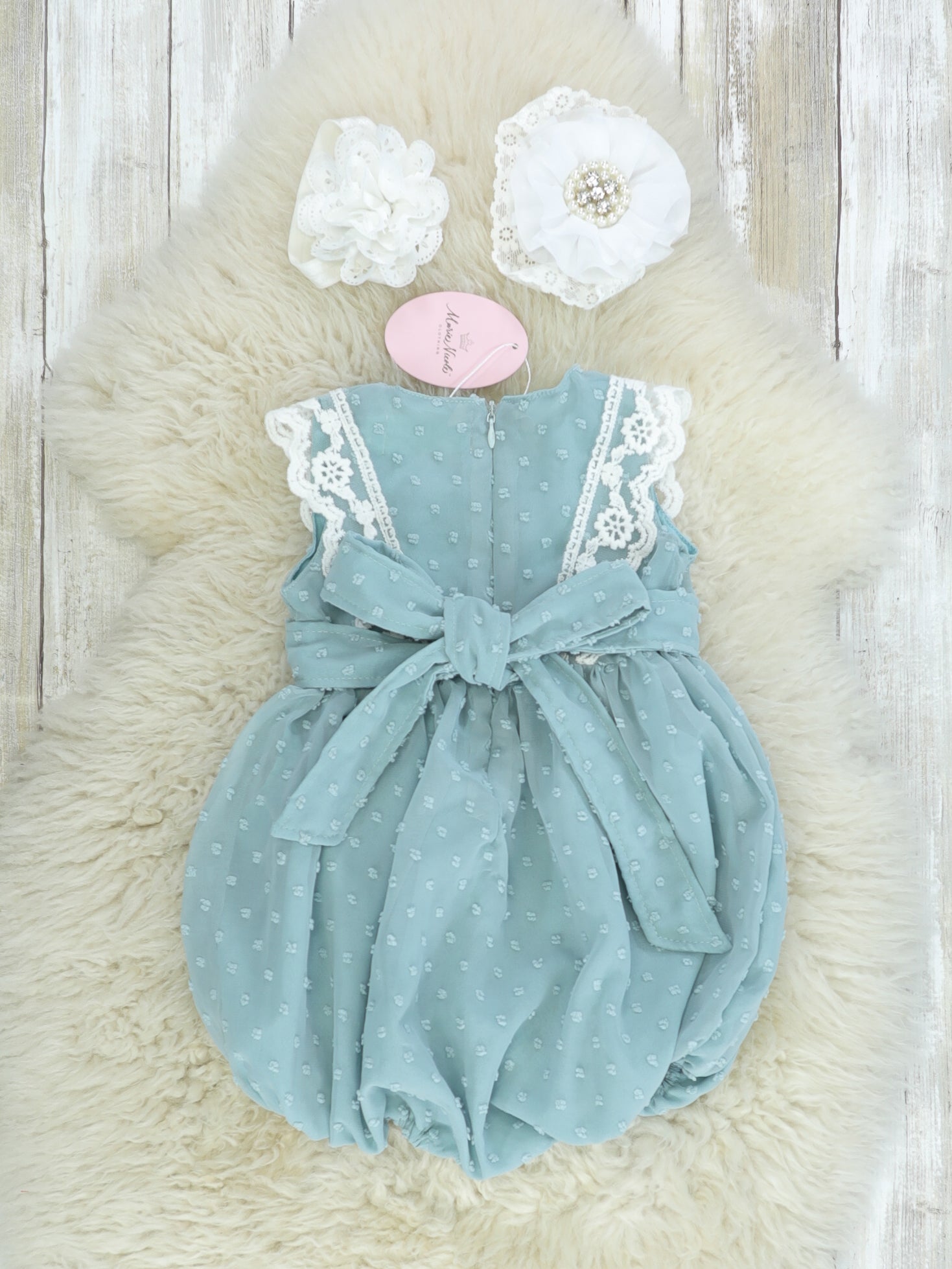Ash Blue Lace Swiss Dot Bubble Romper - Marie Nicole Clothing