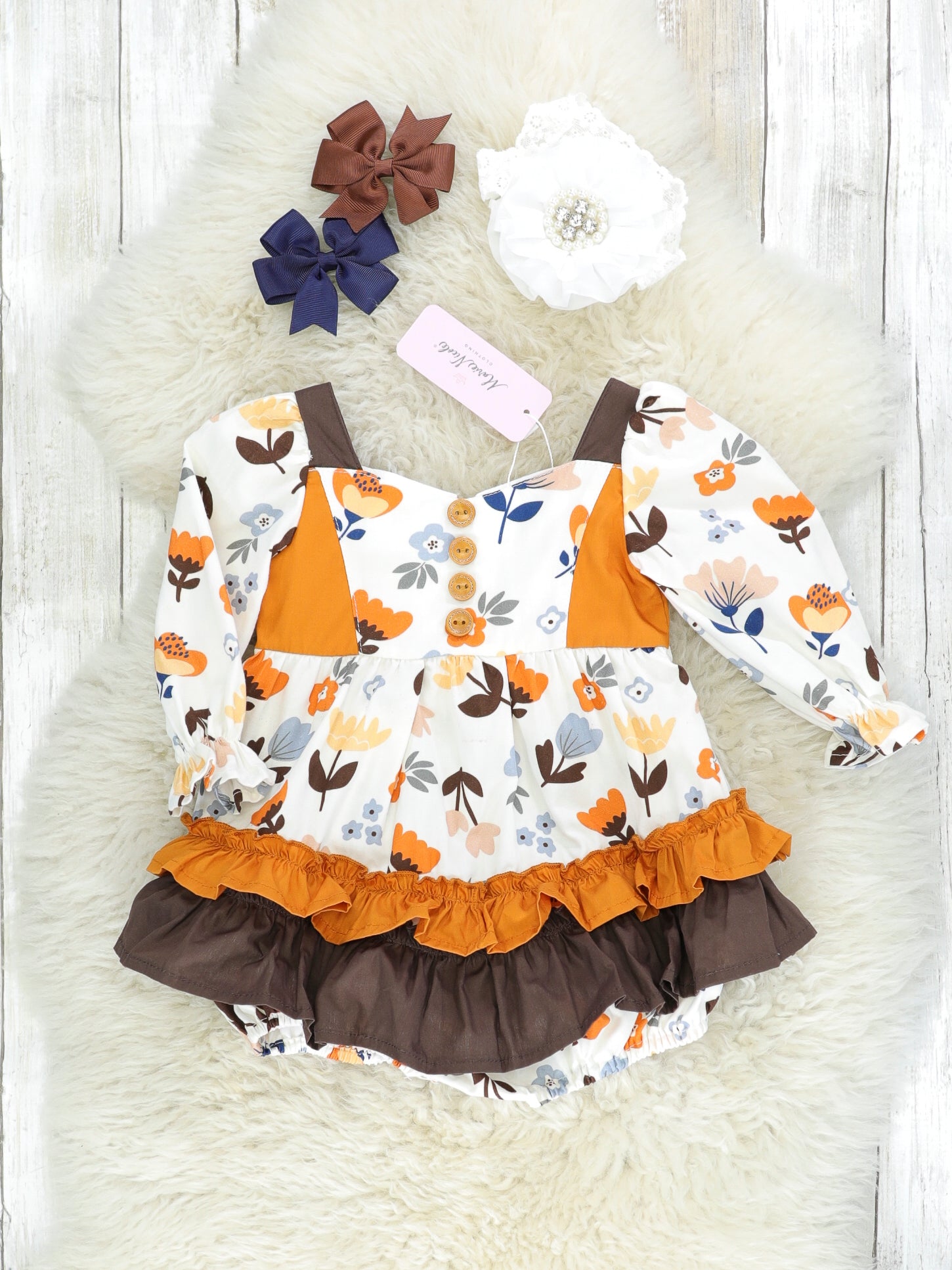 Orange & Brown Fall Floral Ruffle Romper - Marie Nicole Clothing