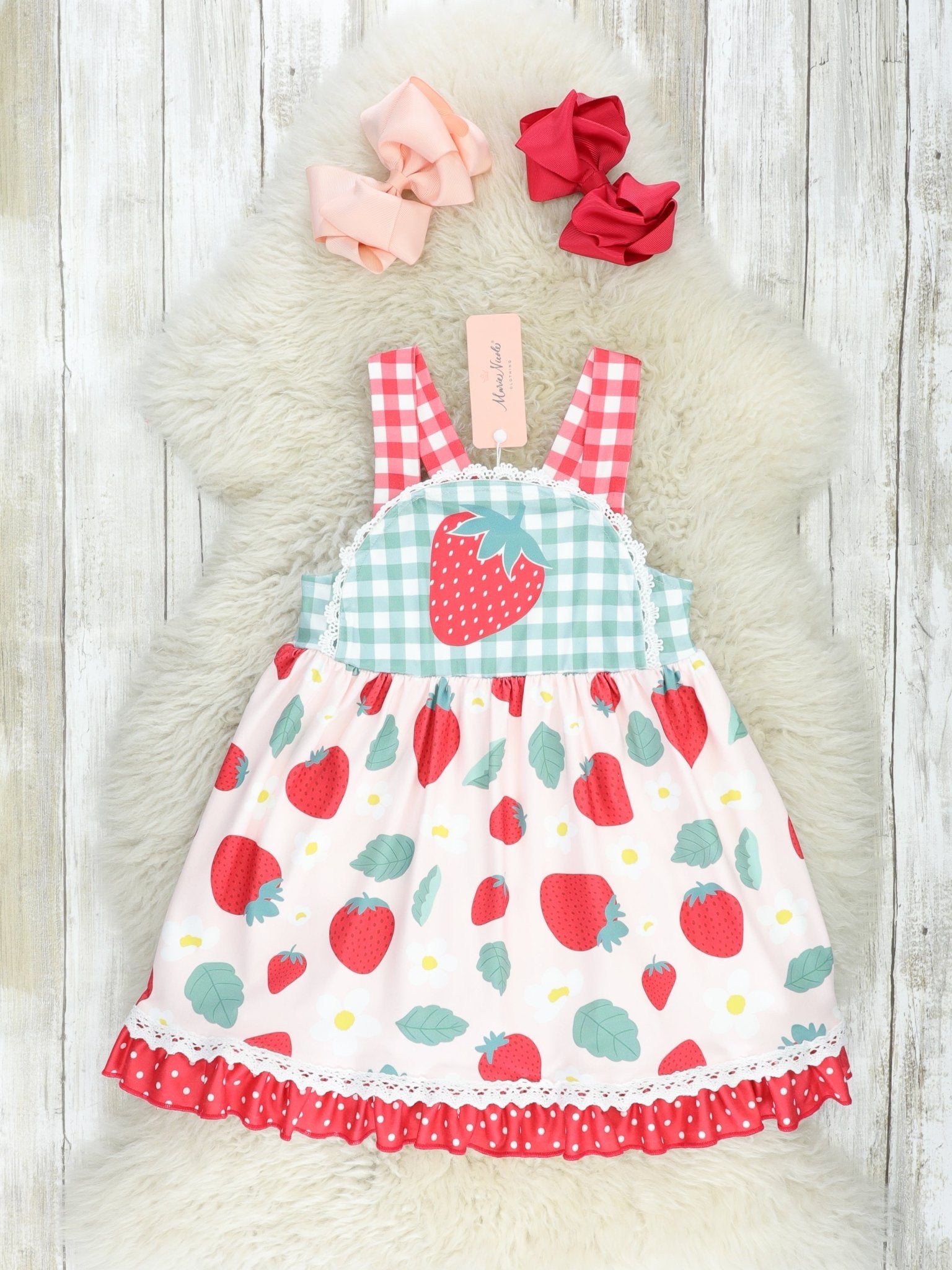 Gingham Strawberry Ruffle Dress - Marie Nicole Clothing
