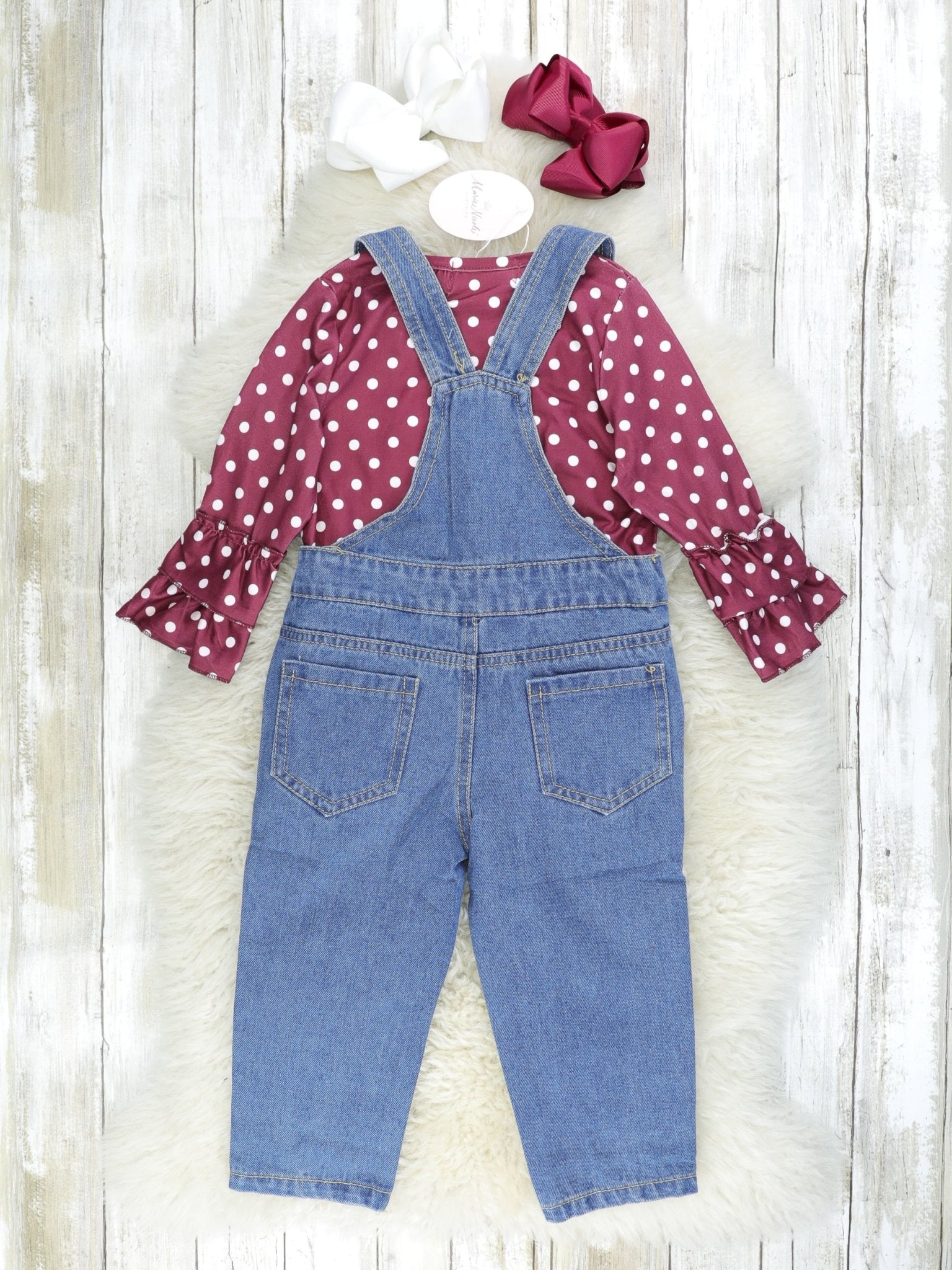Maroon Polka Dot Ruffle Top & Distressed Denim Overall Outfit - Marie Nicole Clothing