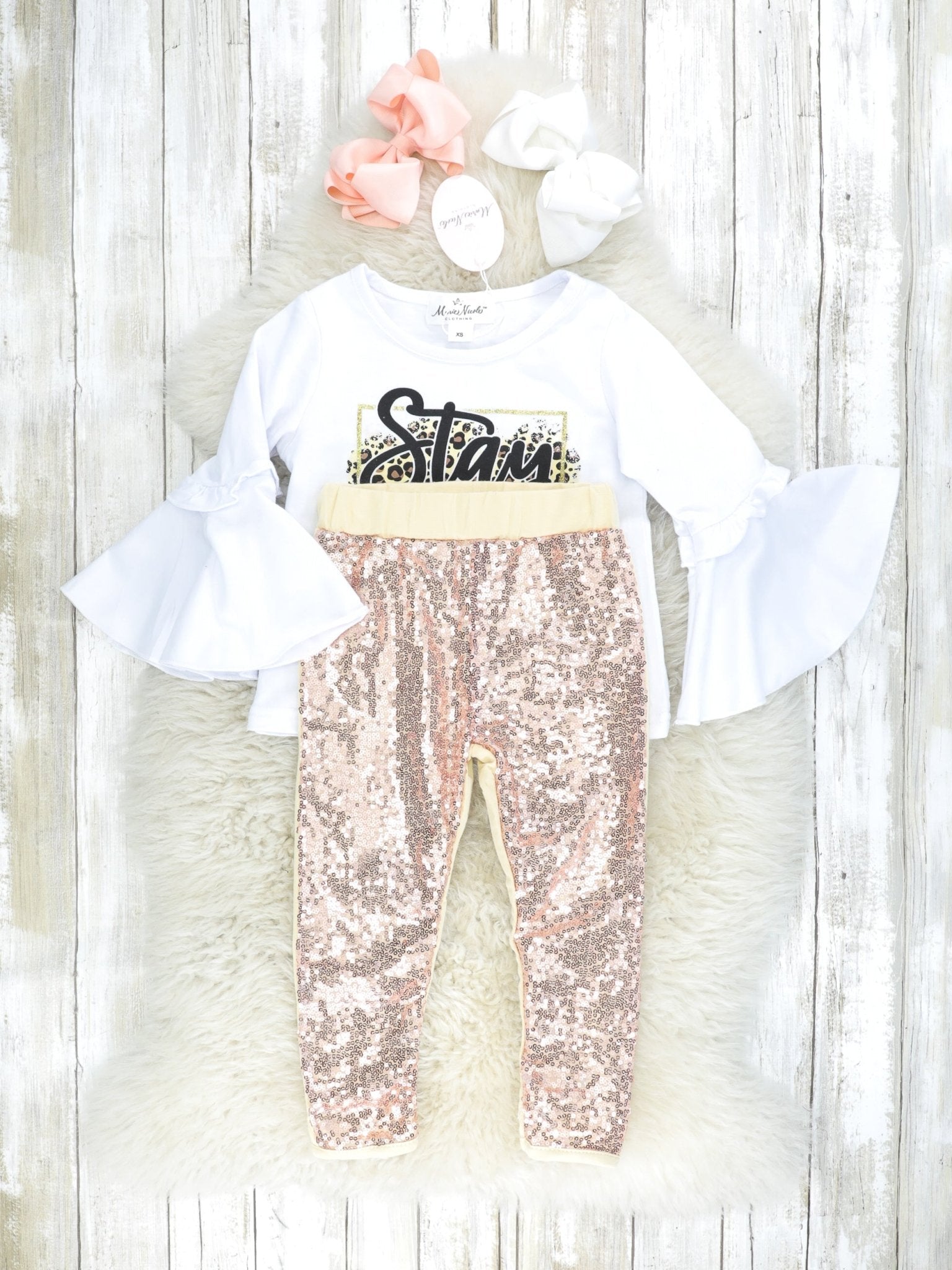 "Stay Wild" Leopard Bell Sleeve Top & Gold Sequin Joggers Outfit - Marie Nicole Clothing