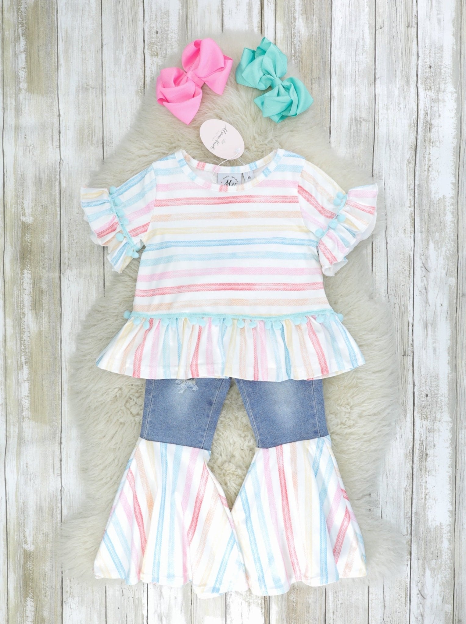 Striped Peplum Top & Denim Bell Bottoms Outfit - Marie Nicole Clothing