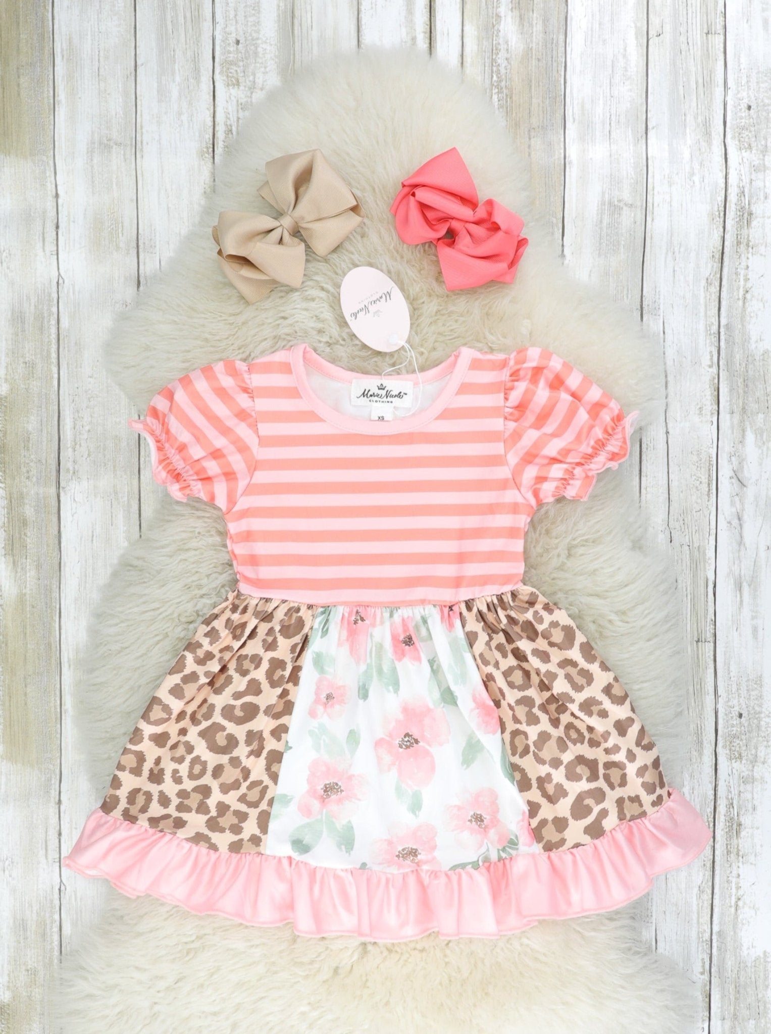 Peach Floral Leopard Ruffle Dress - Marie Nicole Clothing