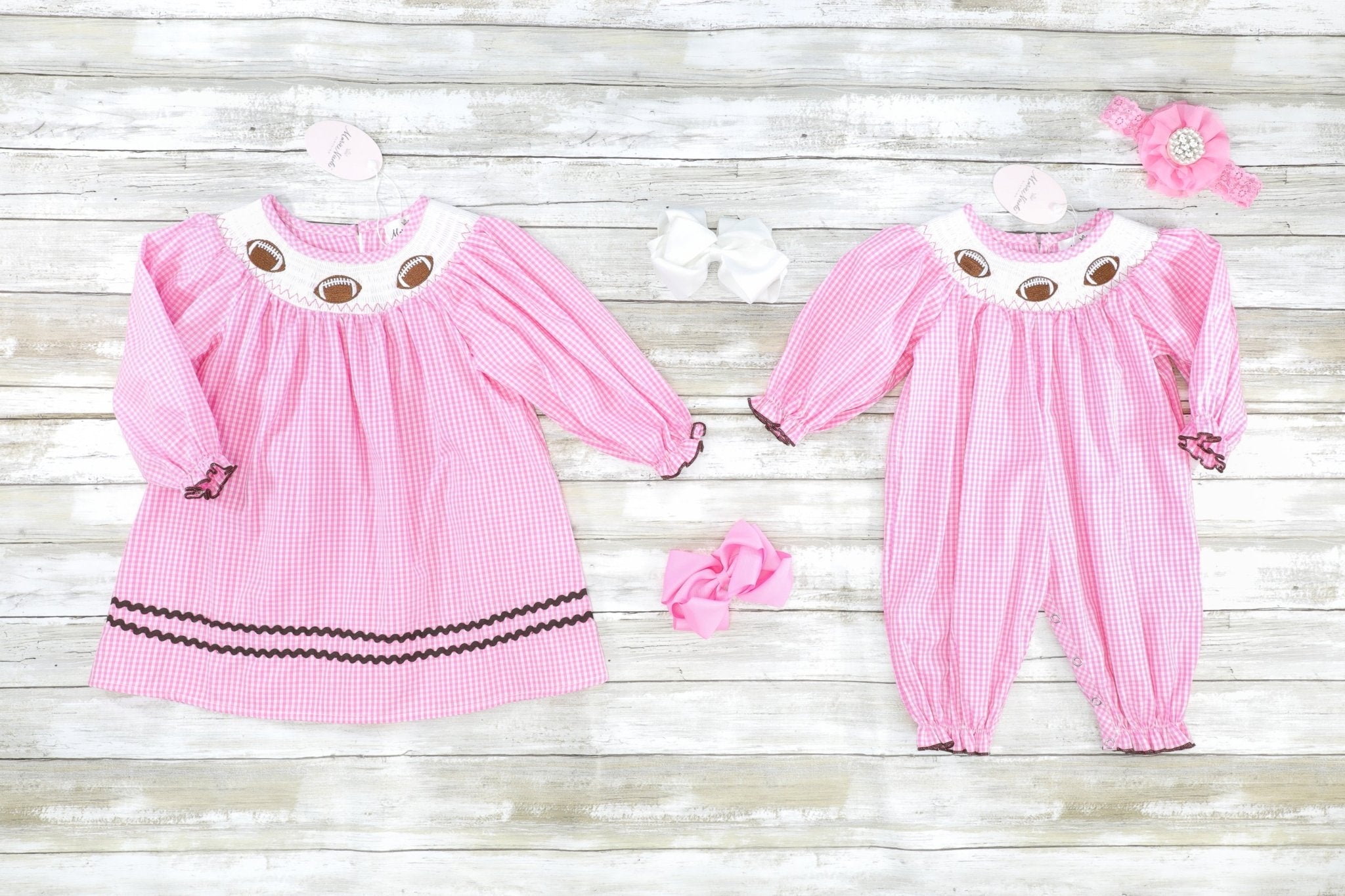 Pink Gingham Smocked Football Romper - Marie Nicole Clothing