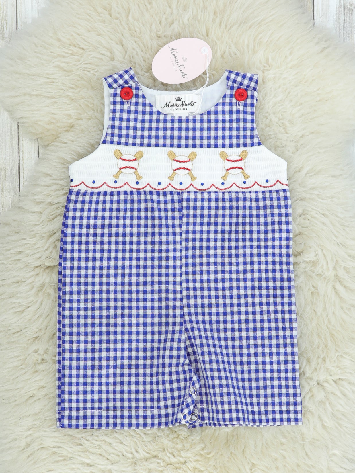 Baseball Blue Check Smocked Johnny - Marie Nicole Clothing