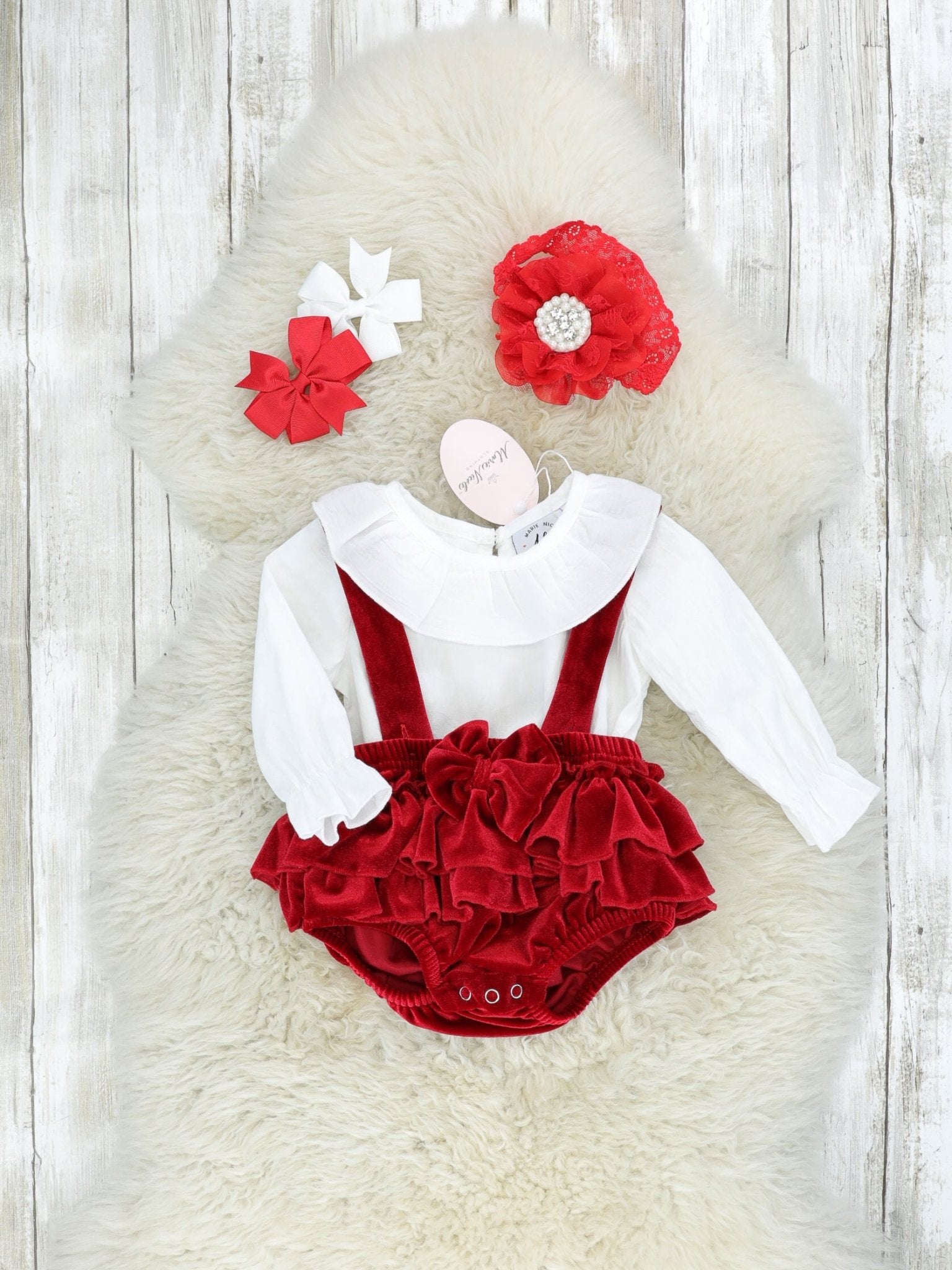 White Top & Ruby Velvet Ruffle Overall Set - Marie Nicole Clothing