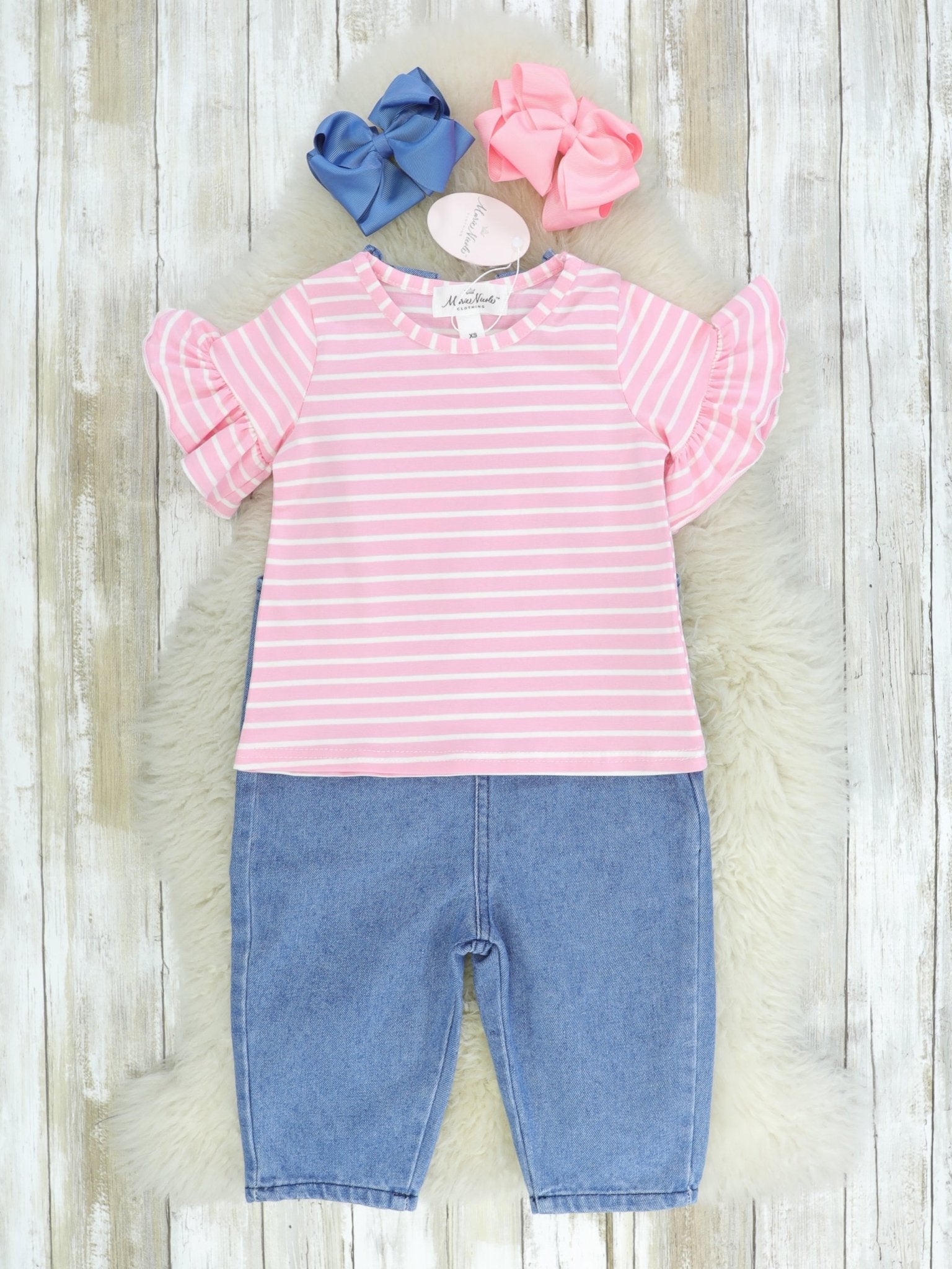 Pink Striped Shirt & Bunny Denim Overall - Marie Nicole Clothing