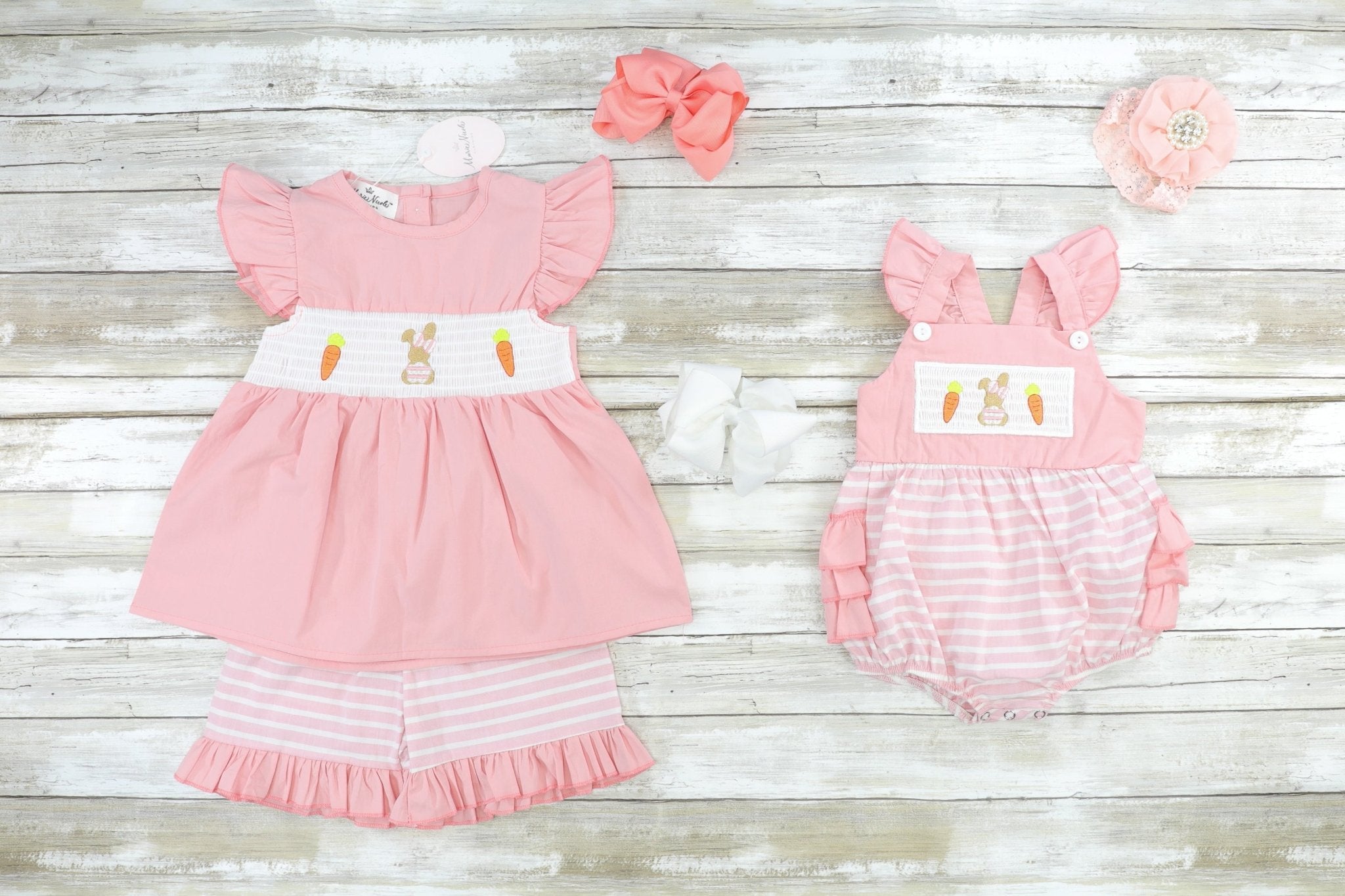 Smocked Carrot & Bunny Ruffle Bubble Romper - Marie Nicole Clothing
