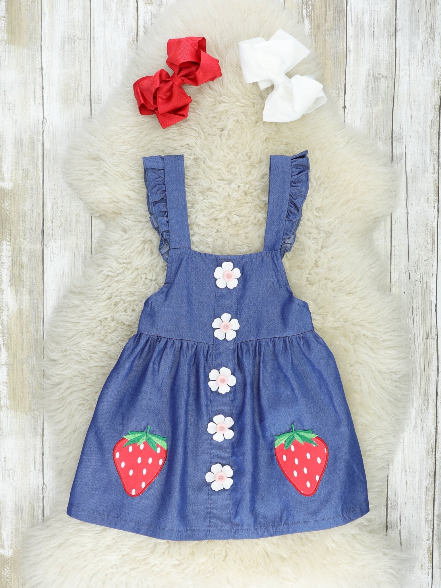 Chambray Strawberry Ruffle Dress - Marie Nicole Clothing