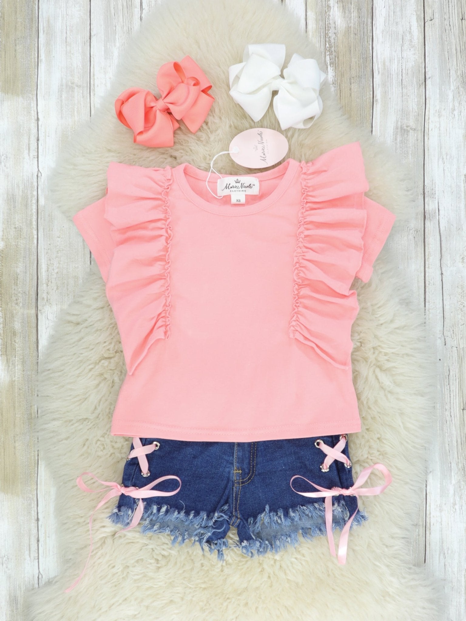 Pink Ruffle Top & Denim Tie Shorts Outfit - Marie Nicole Clothing