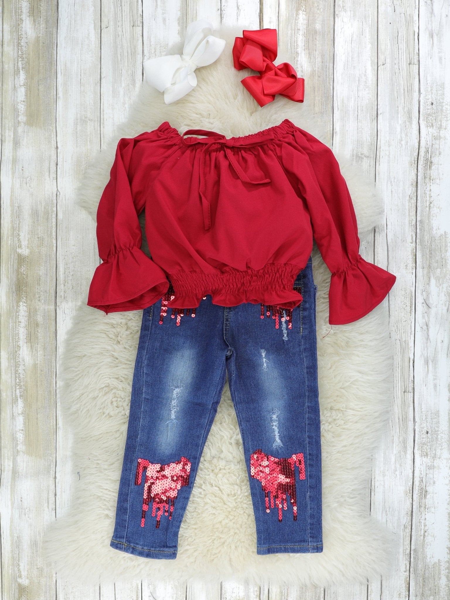 Crimson Denim Sequin Outfit - Marie Nicole Clothing