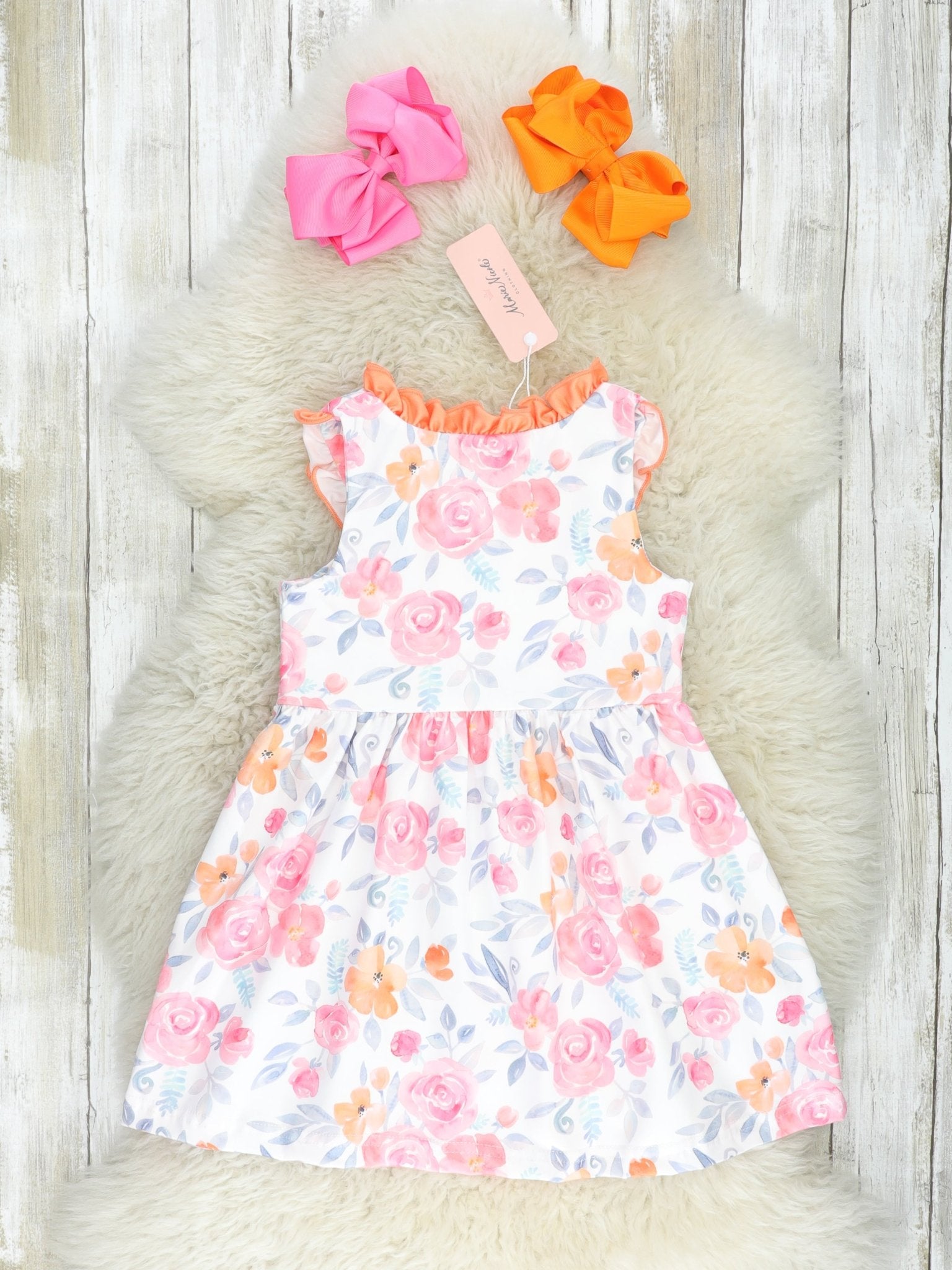 Pink & Orange Rose Ruffle Dress - Marie Nicole Clothing