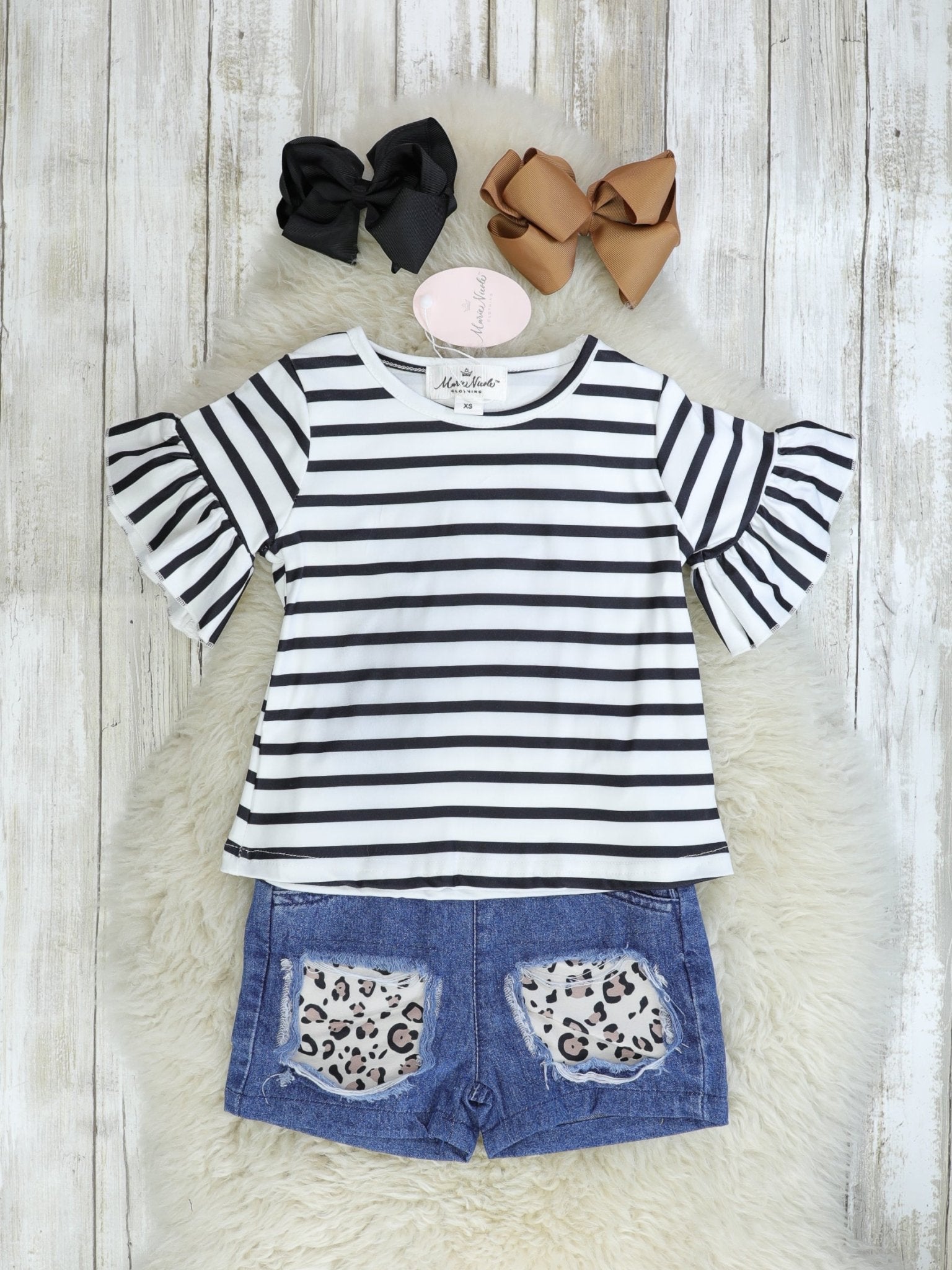 Leopard Print Overalls & Striped Top Set - Marie Nicole Clothing