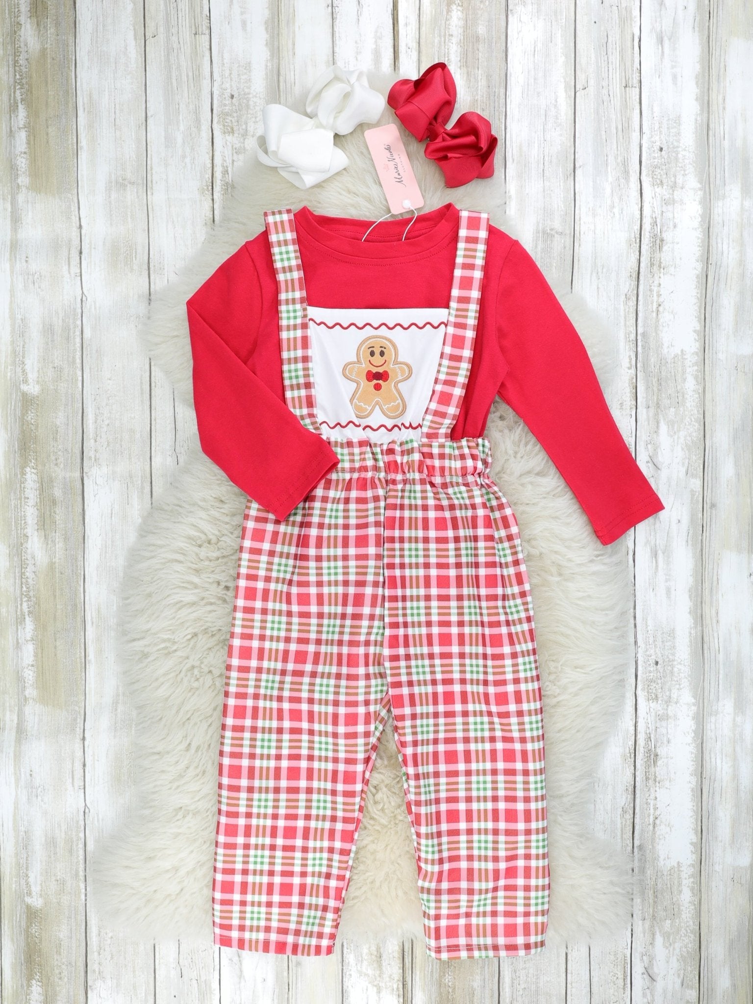 Red Plaid Gingerbread Overall Set - Marie Nicole Clothing