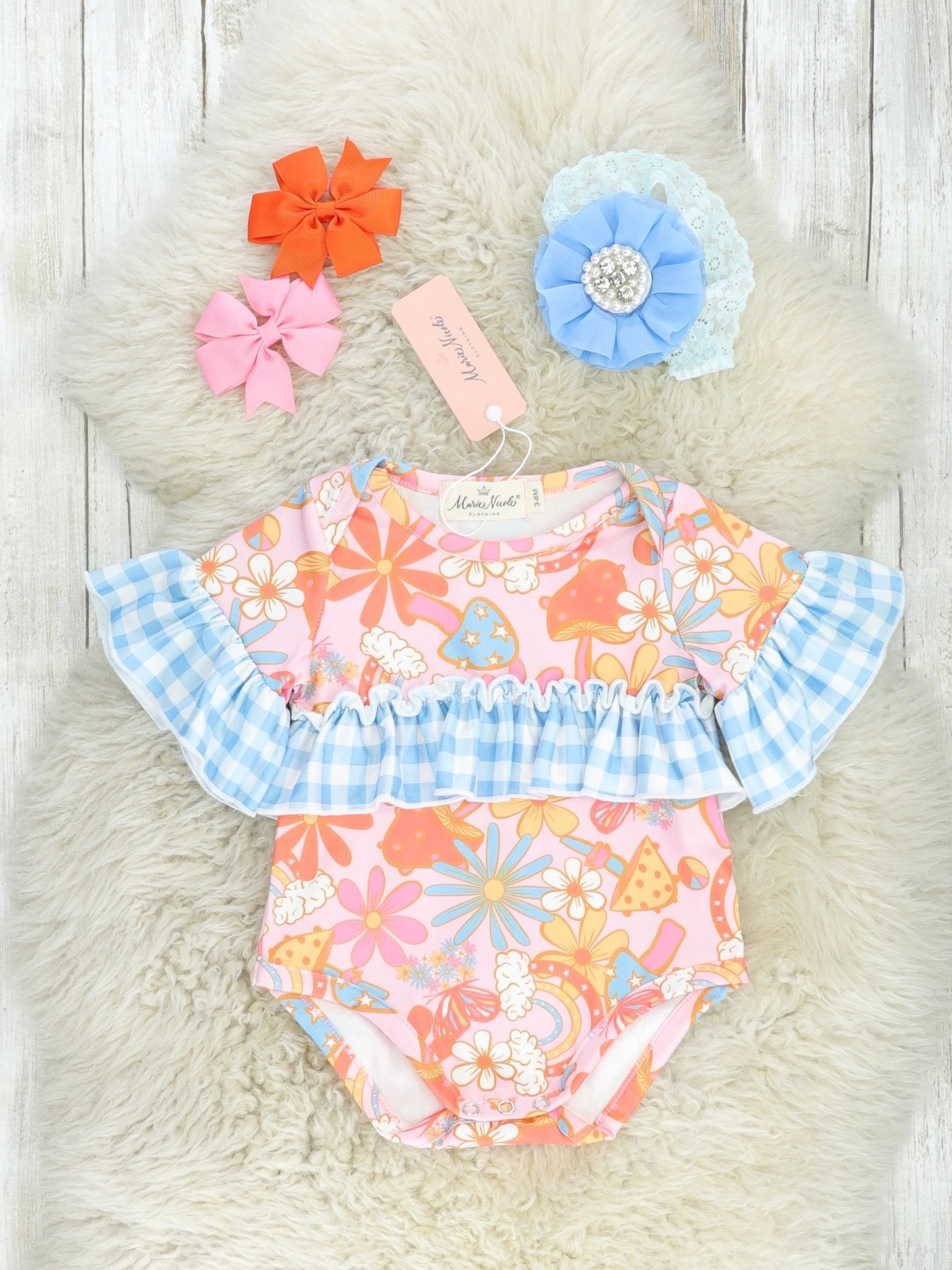 Flower & Mushroom Ruffle Bubble Romper - Marie Nicole Clothing