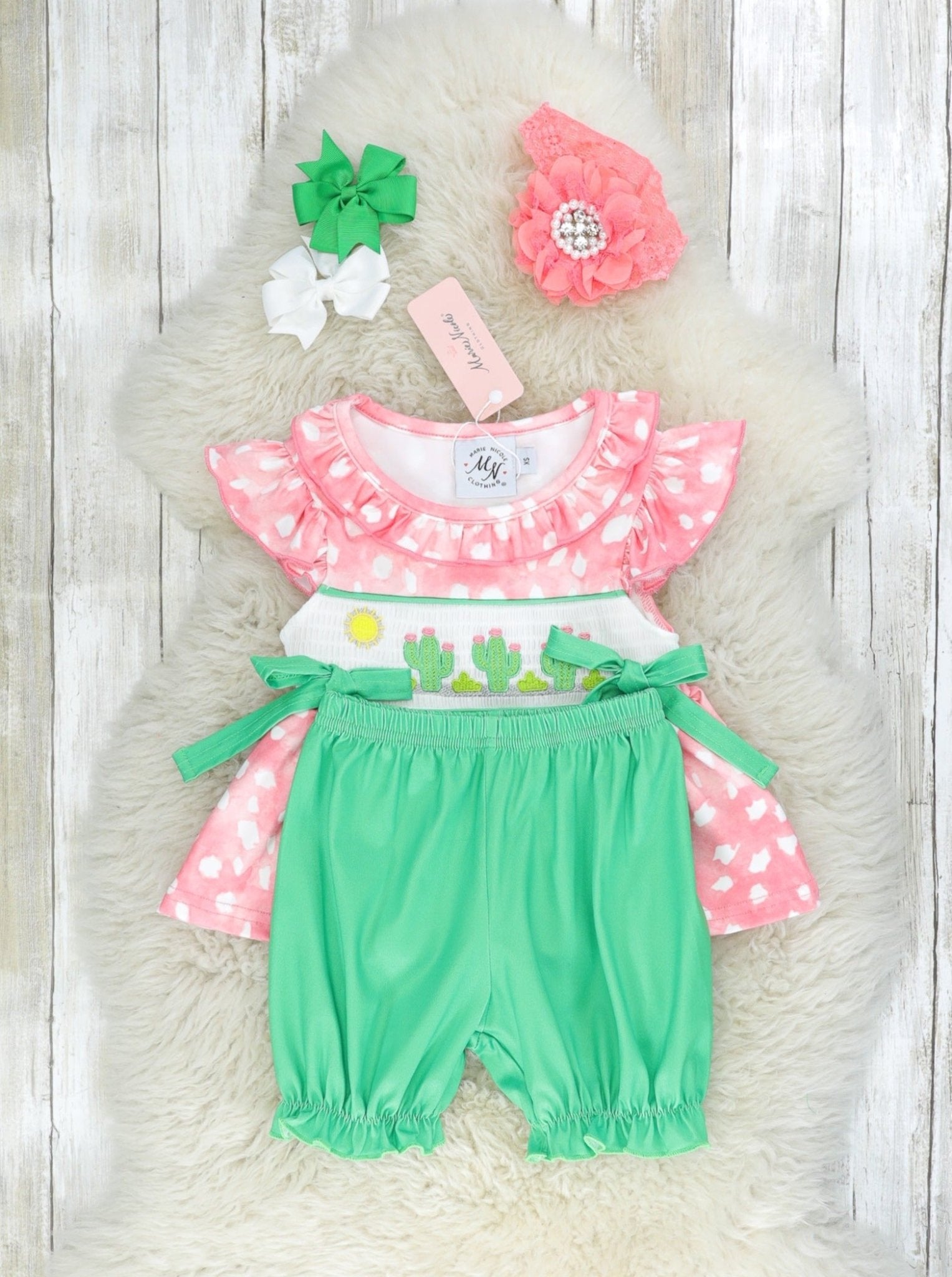 Pink Smocked Cactus Ruffle Outfit - Marie Nicole Clothing