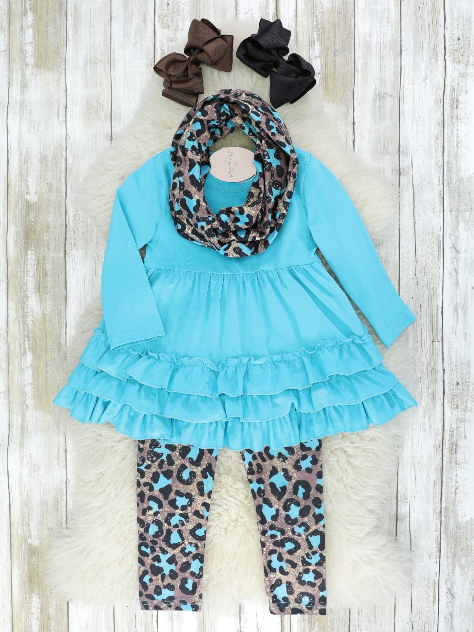 Bright Blue Leopard Ruffle 3 - Piece Outfit - Marie Nicole Clothing