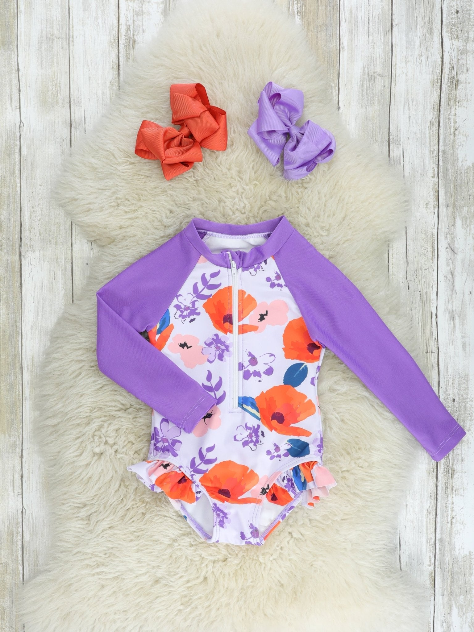 Purple Floral Rash Guard Ruffle Swimsuit - Marie Nicole Clothing