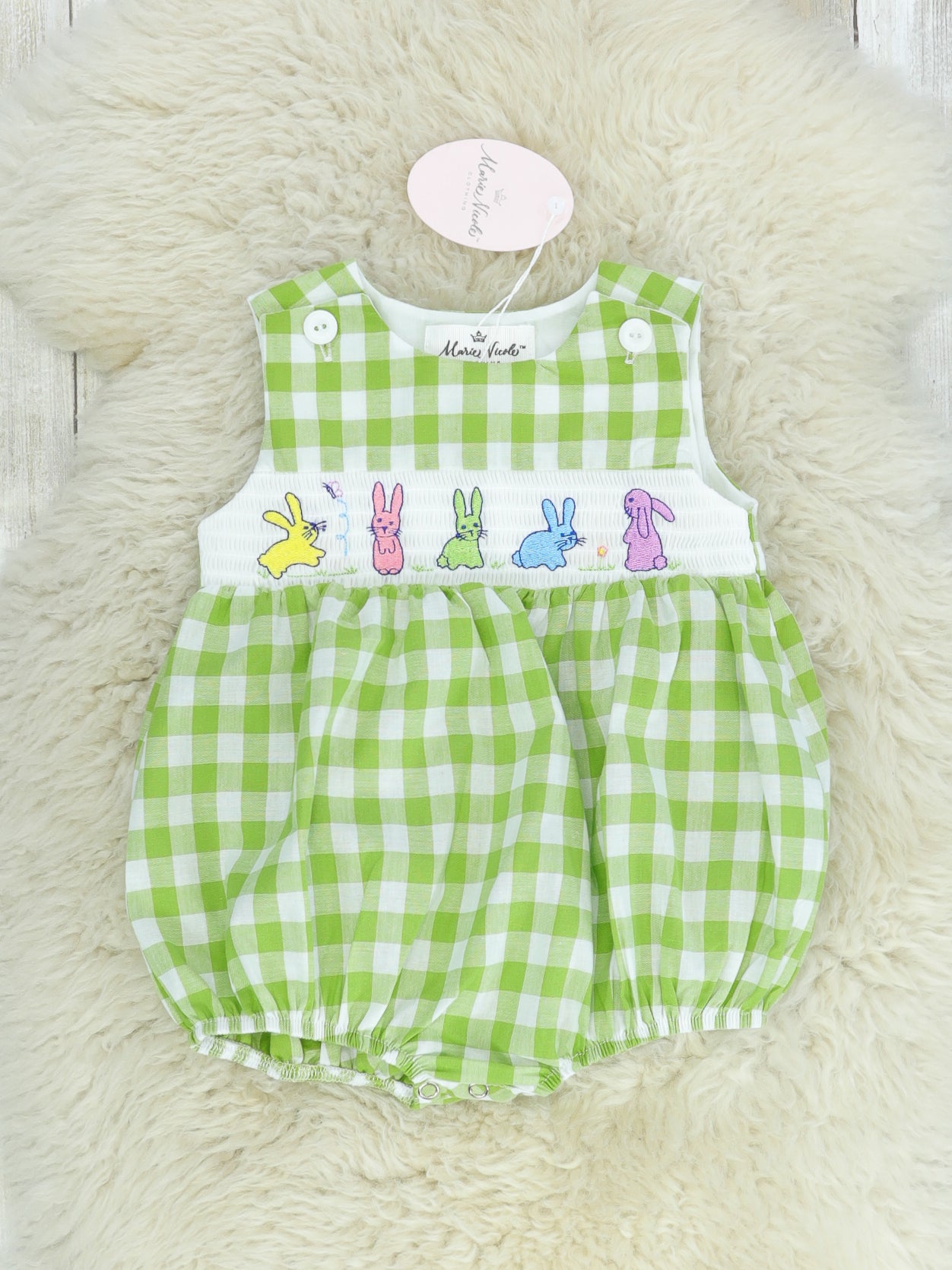Picnic Bunnies Cotton Green Check Bubble Romper - Marie Nicole Clothing