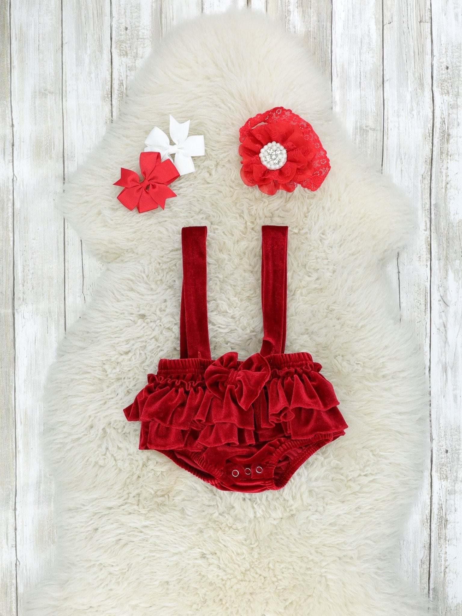 White Top & Ruby Velvet Ruffle Overall Set - Marie Nicole Clothing