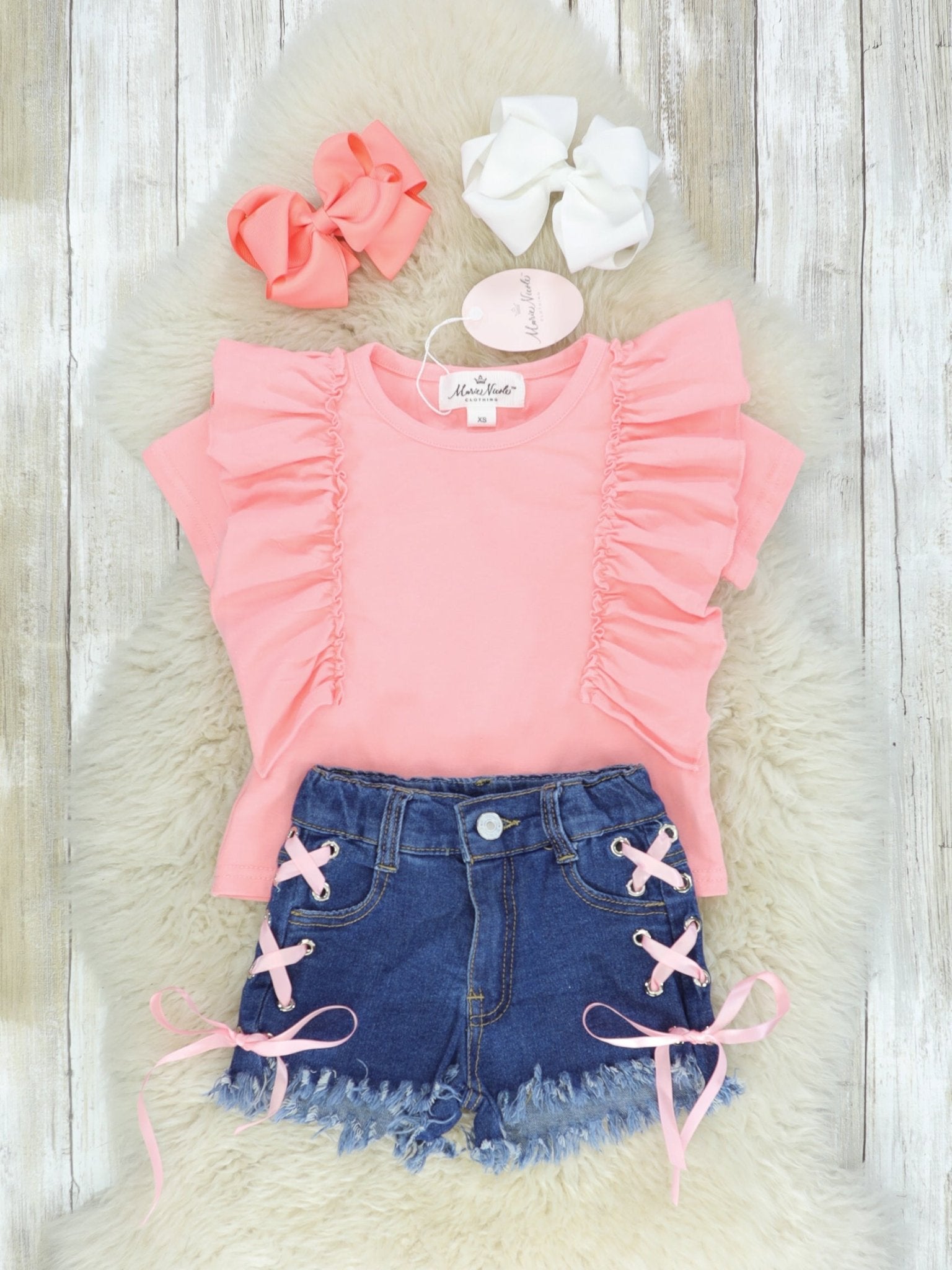 Pink Ruffle Top & Denim Tie Shorts Outfit - Marie Nicole Clothing