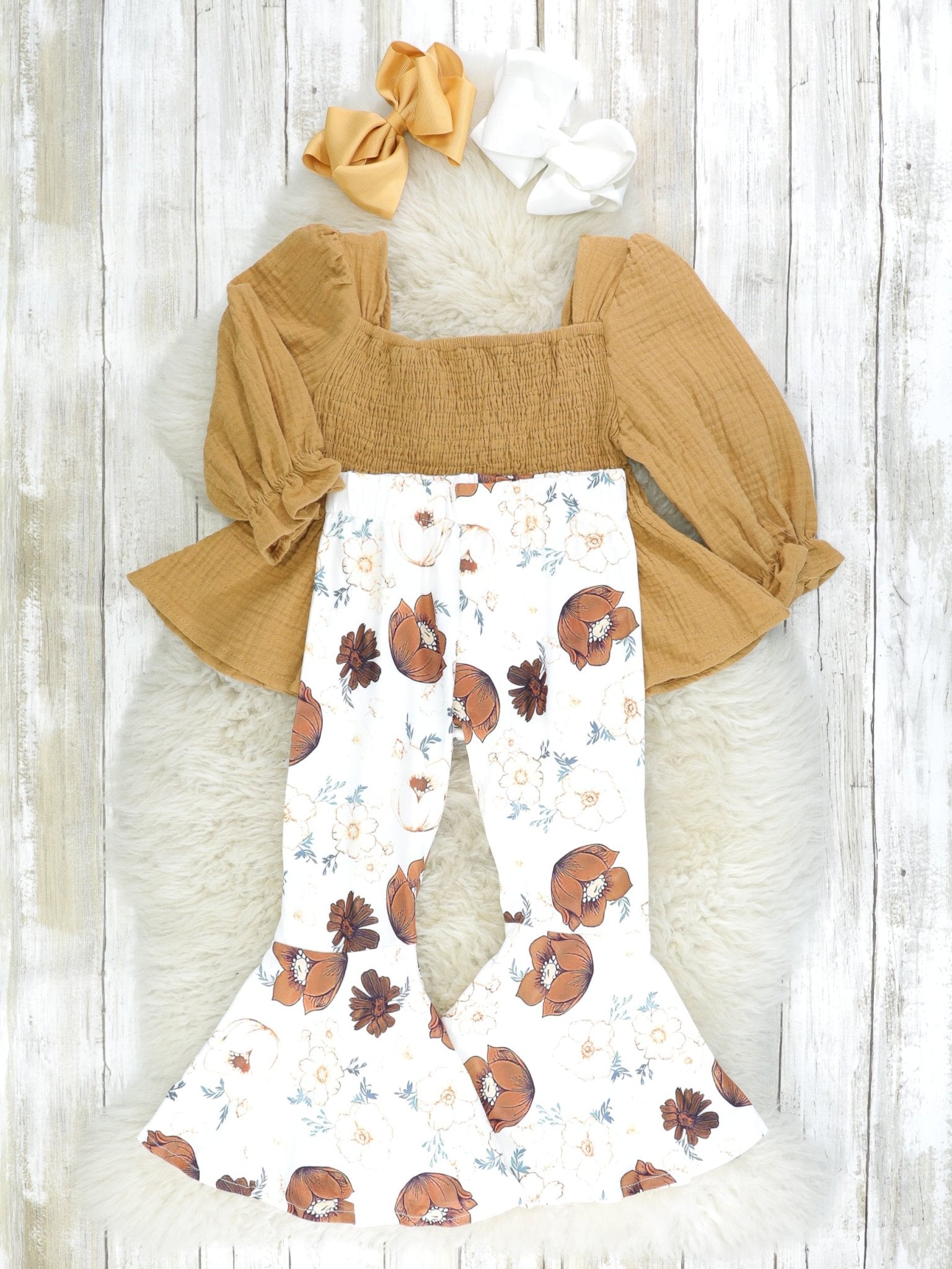 Brown Floral Ruffle Smocked Outfit - Marie Nicole Clothing