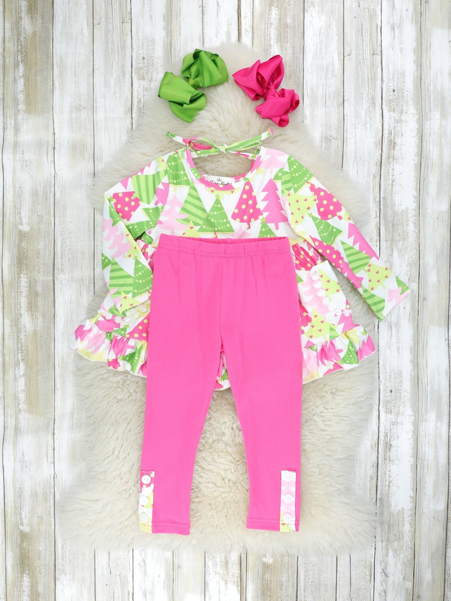 Pink & Green Christmas Tree Ruffle Outfit - Marie Nicole Clothing