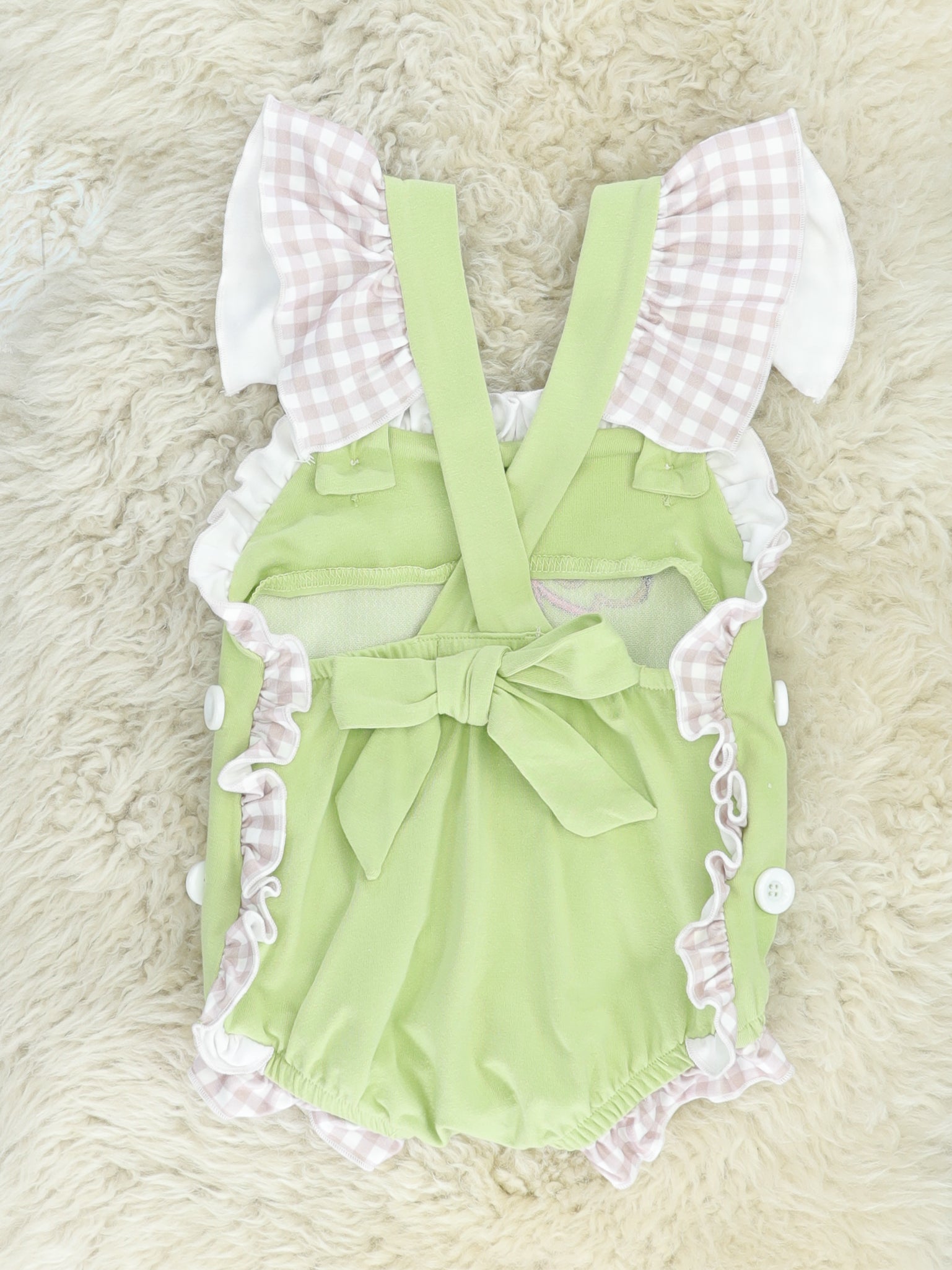 Green Gingham Dog Ruffle Bubble Romper - Marie Nicole Clothing