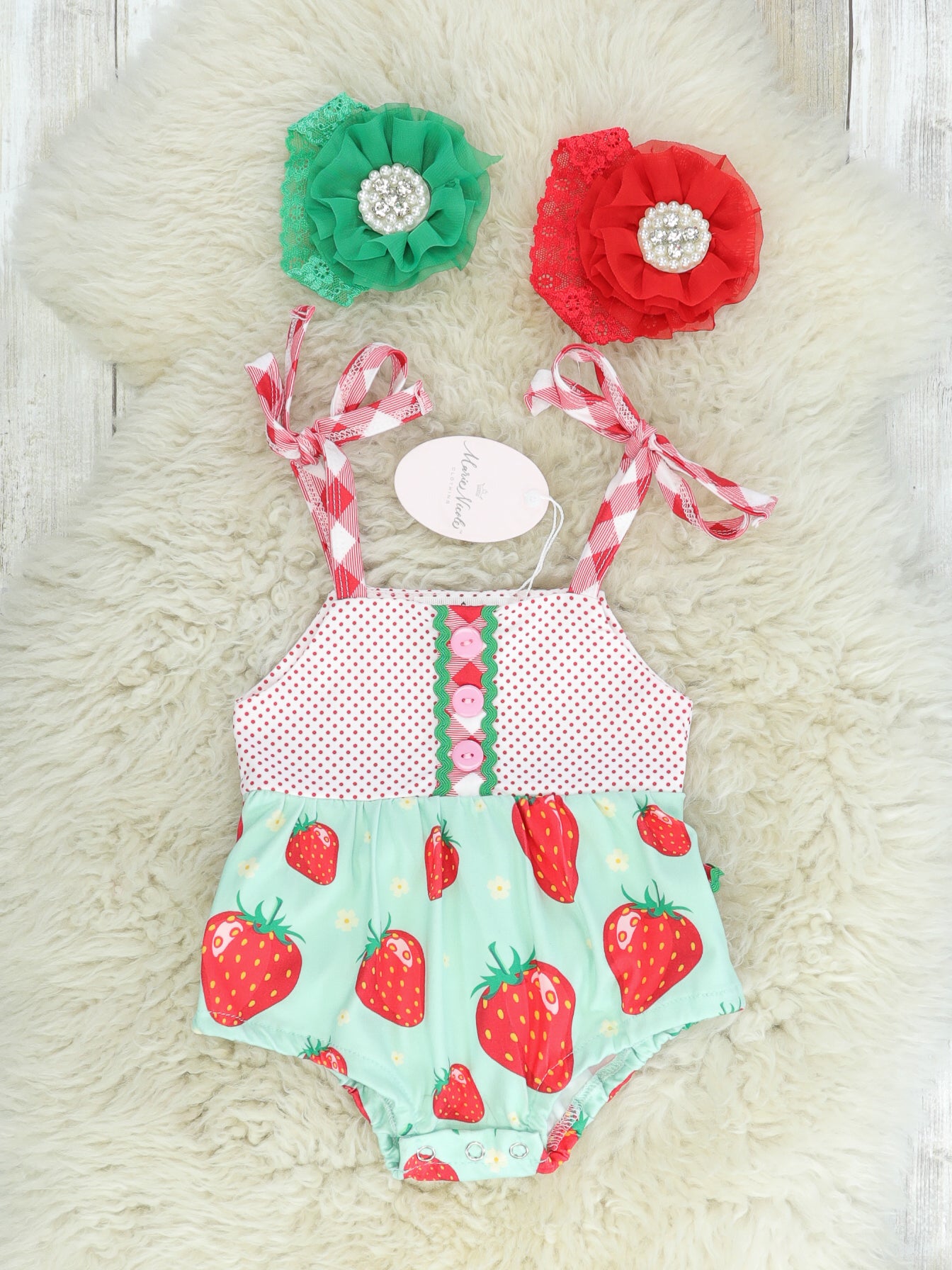 Mint Strawberry Tie Bubble Romper - Marie Nicole Clothing
