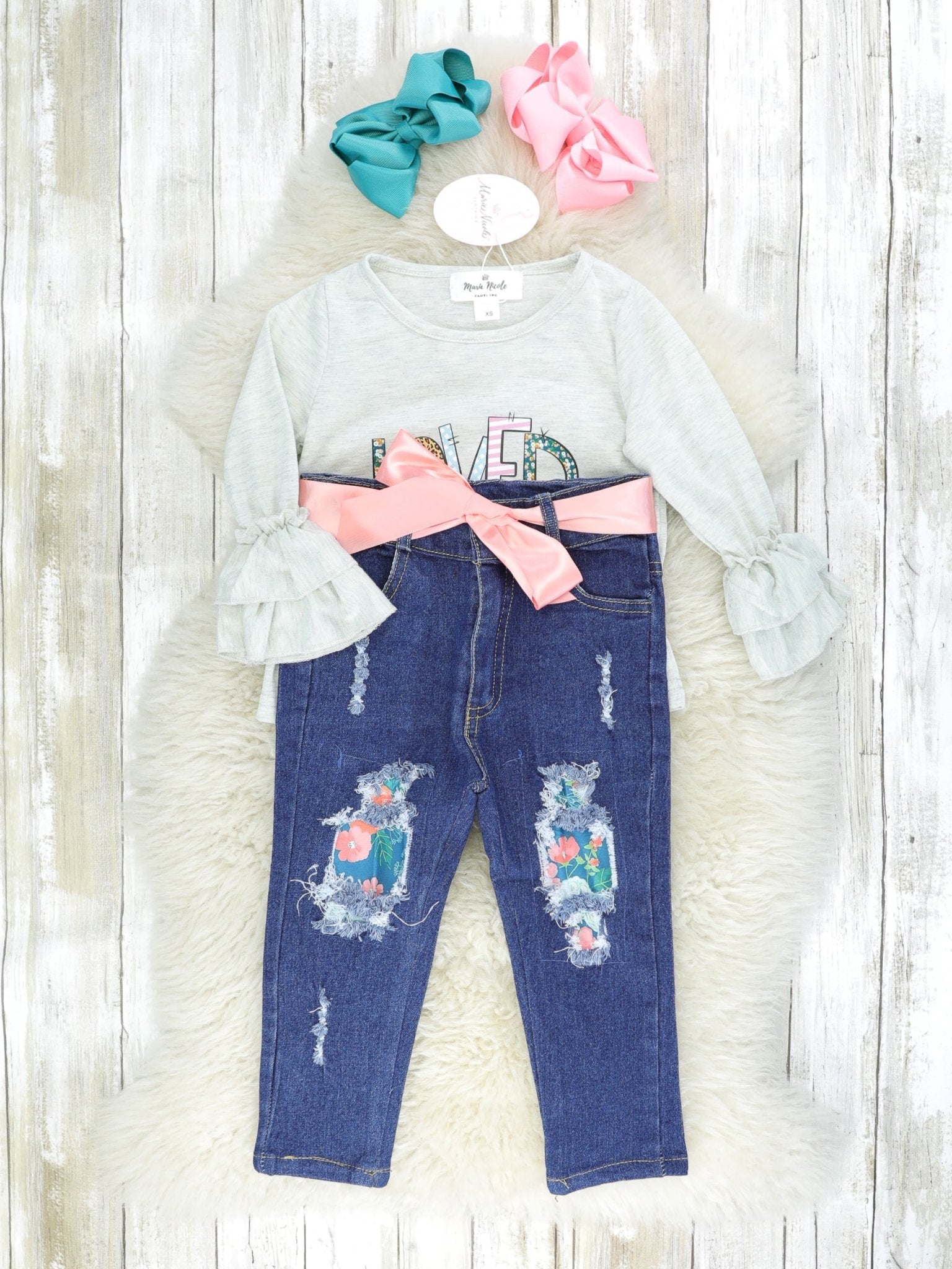 "Loved" Ruffle Sleeve Top & Distressed Denim Outfit - Marie Nicole Clothing