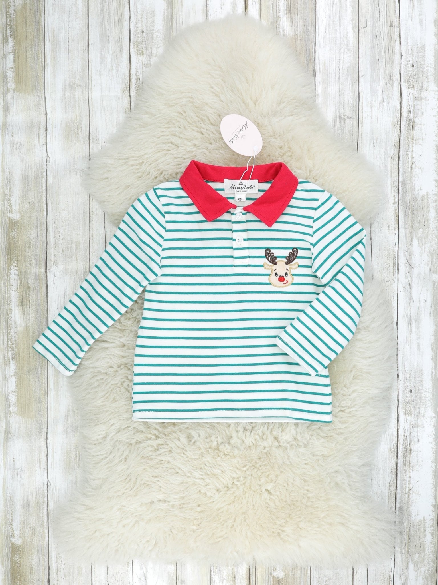 Green Striped Reindeer Polo - Marie Nicole Clothing