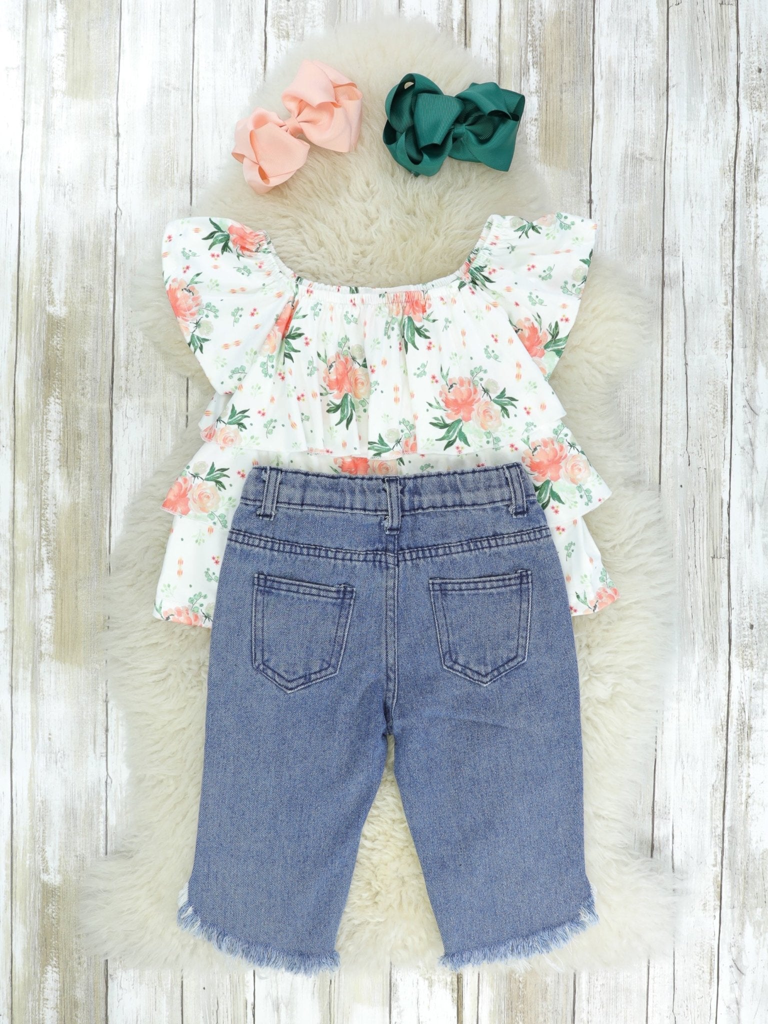 Peachy Tiered Ruffle Top & Distressed Denim Outfit - Marie Nicole Clothing