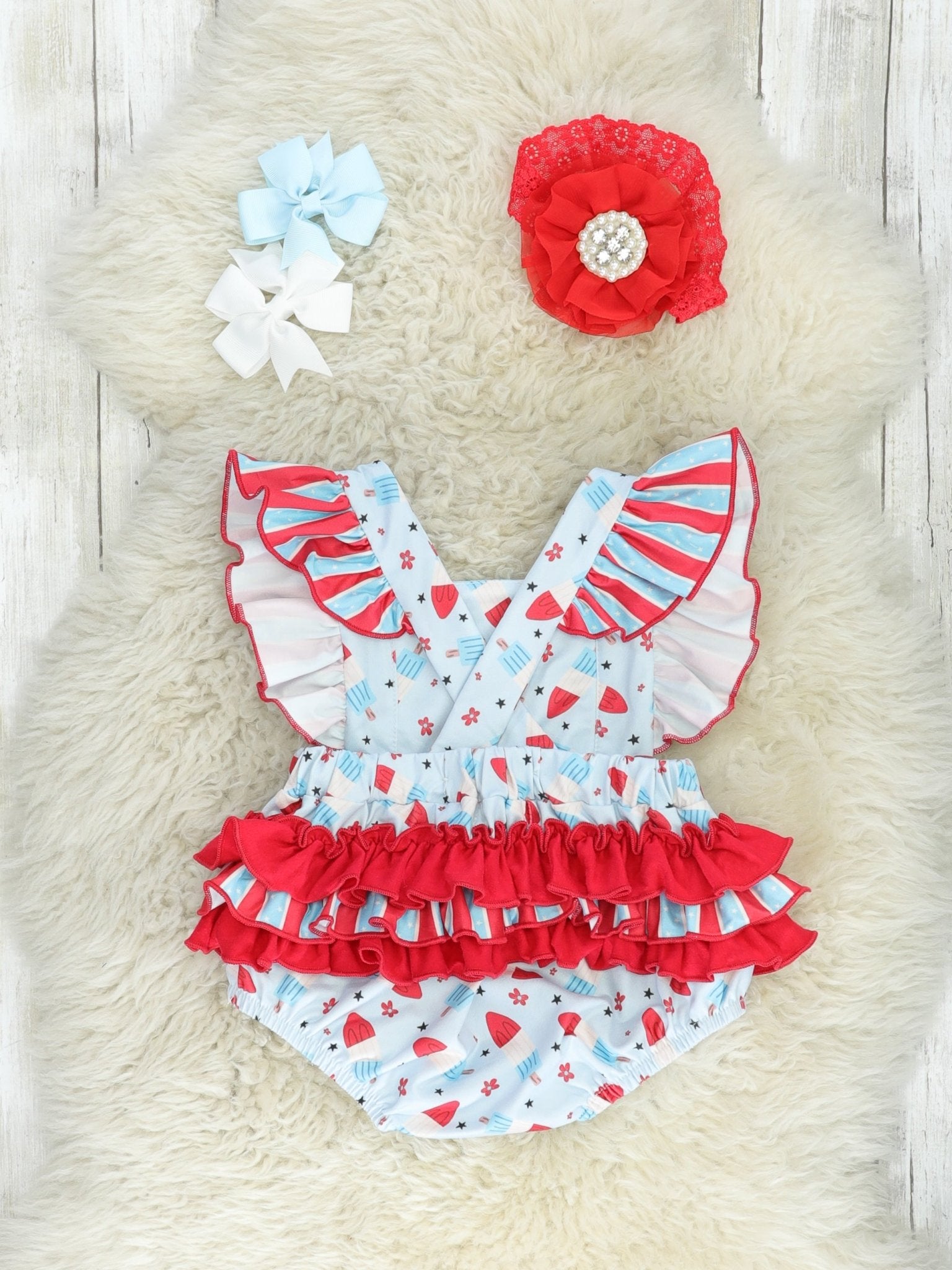 Red, White, & Blue Popsicle Ruffle Bubble Romper - Marie Nicole Clothing