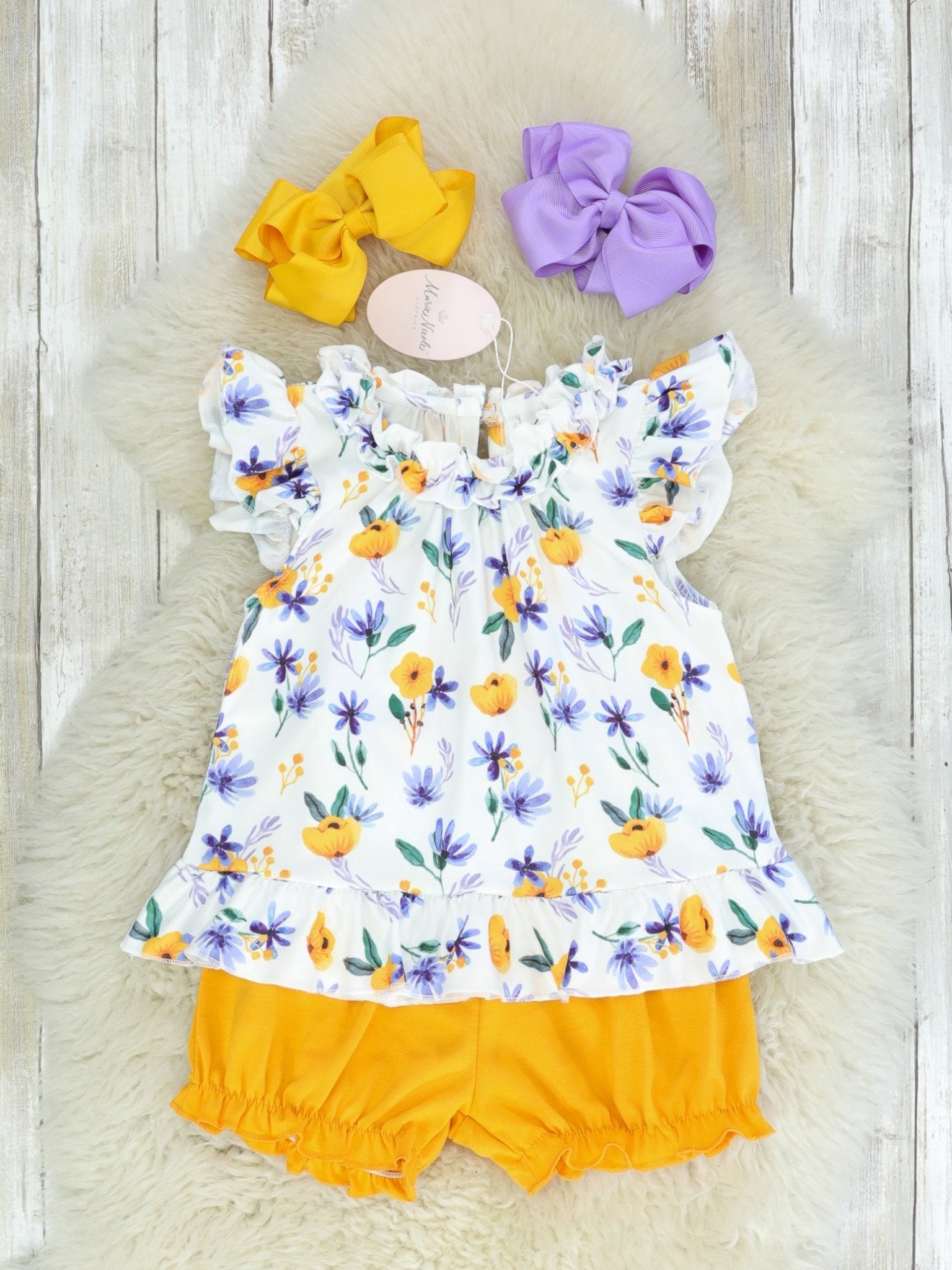Mustard & Purple Floral Ruffle Top & Shorts Outfit - Marie Nicole Clothing