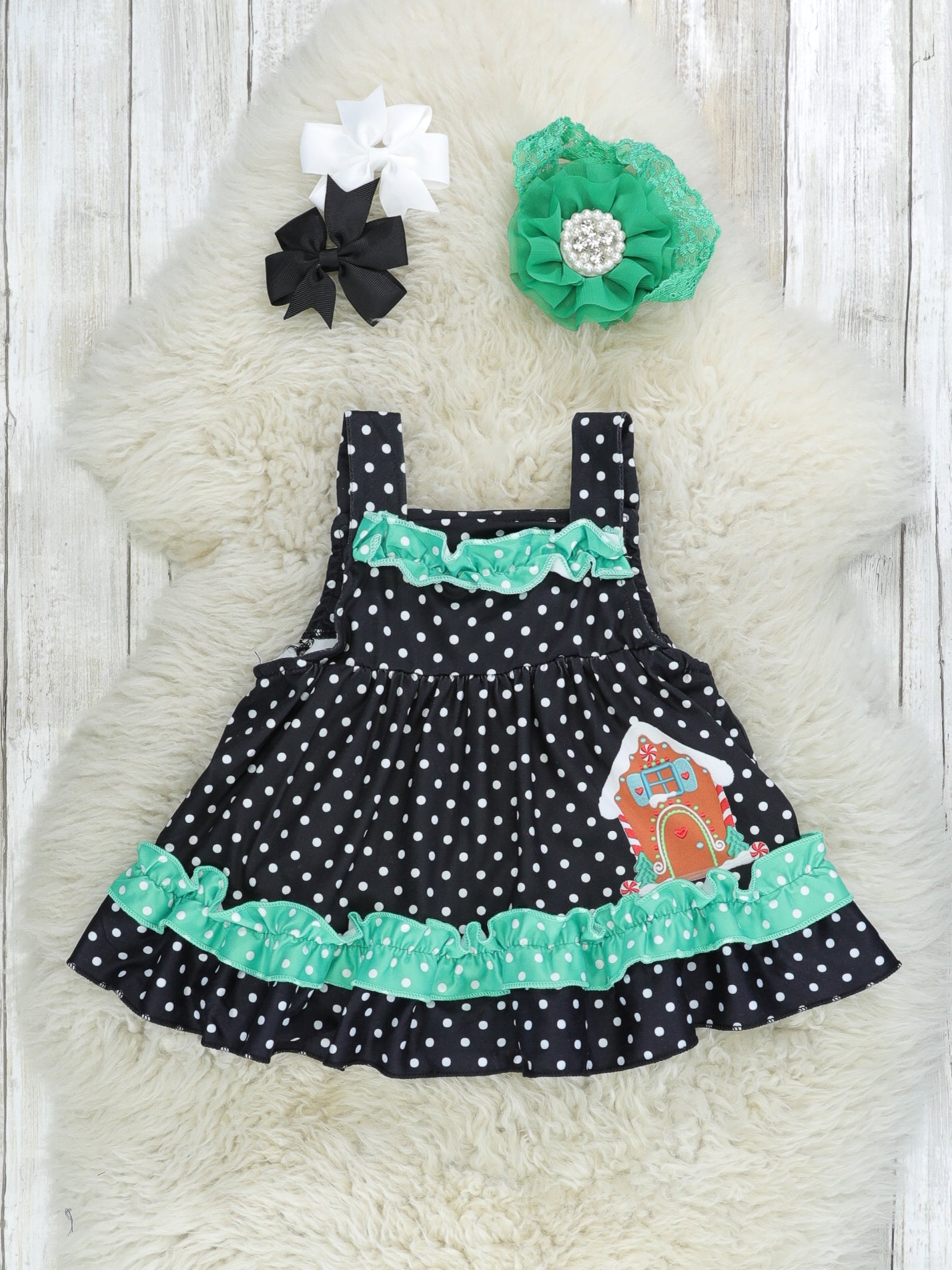 Black Polka Dot Gingerbread Romper W/ White Shirt - Marie Nicole Clothing