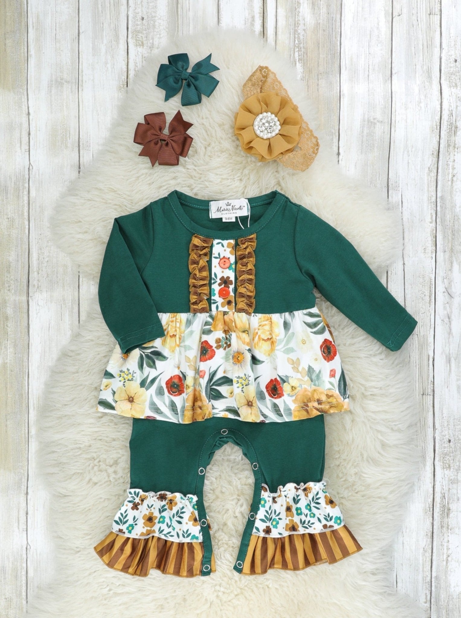 Hunter Green & Brown Floral Ruffle Romper - Marie Nicole Clothing