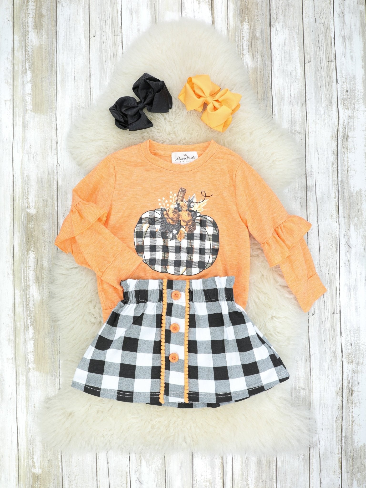 Orange, Black, & White Buffalo Plaid Pumpkin Skirt Set - Marie Nicole Clothing