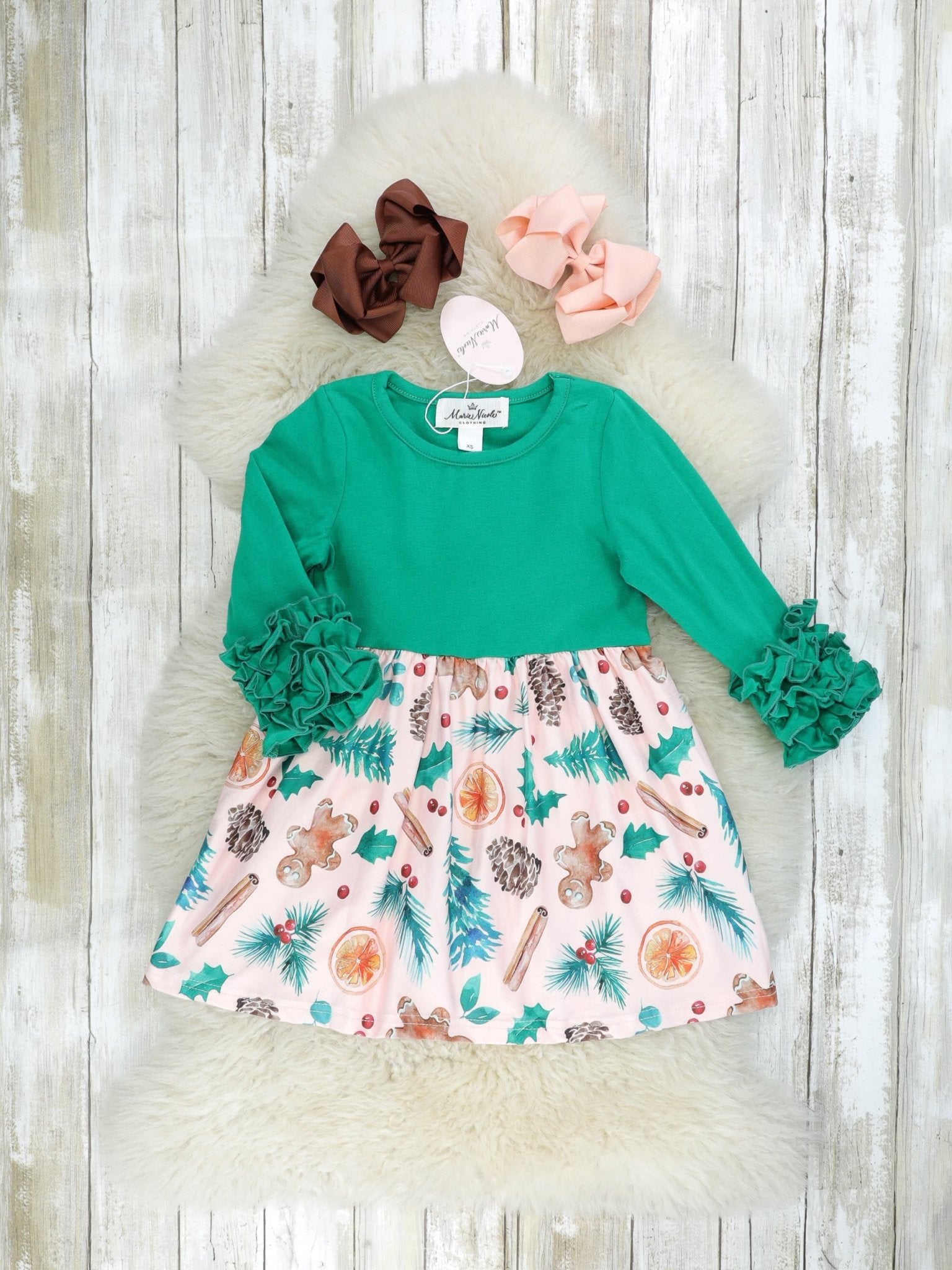 Green Gingerbread Icing Ruffle Dress - Marie Nicole Clothing