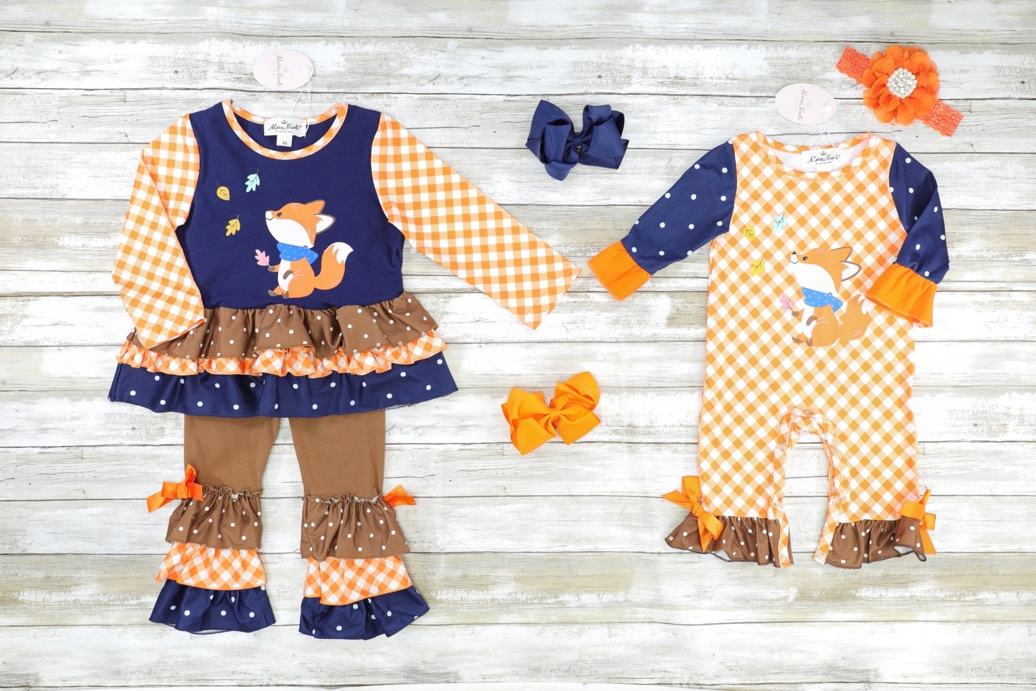 Orange Gingham & Navy Fox Ruffle Romper - Marie Nicole Clothing