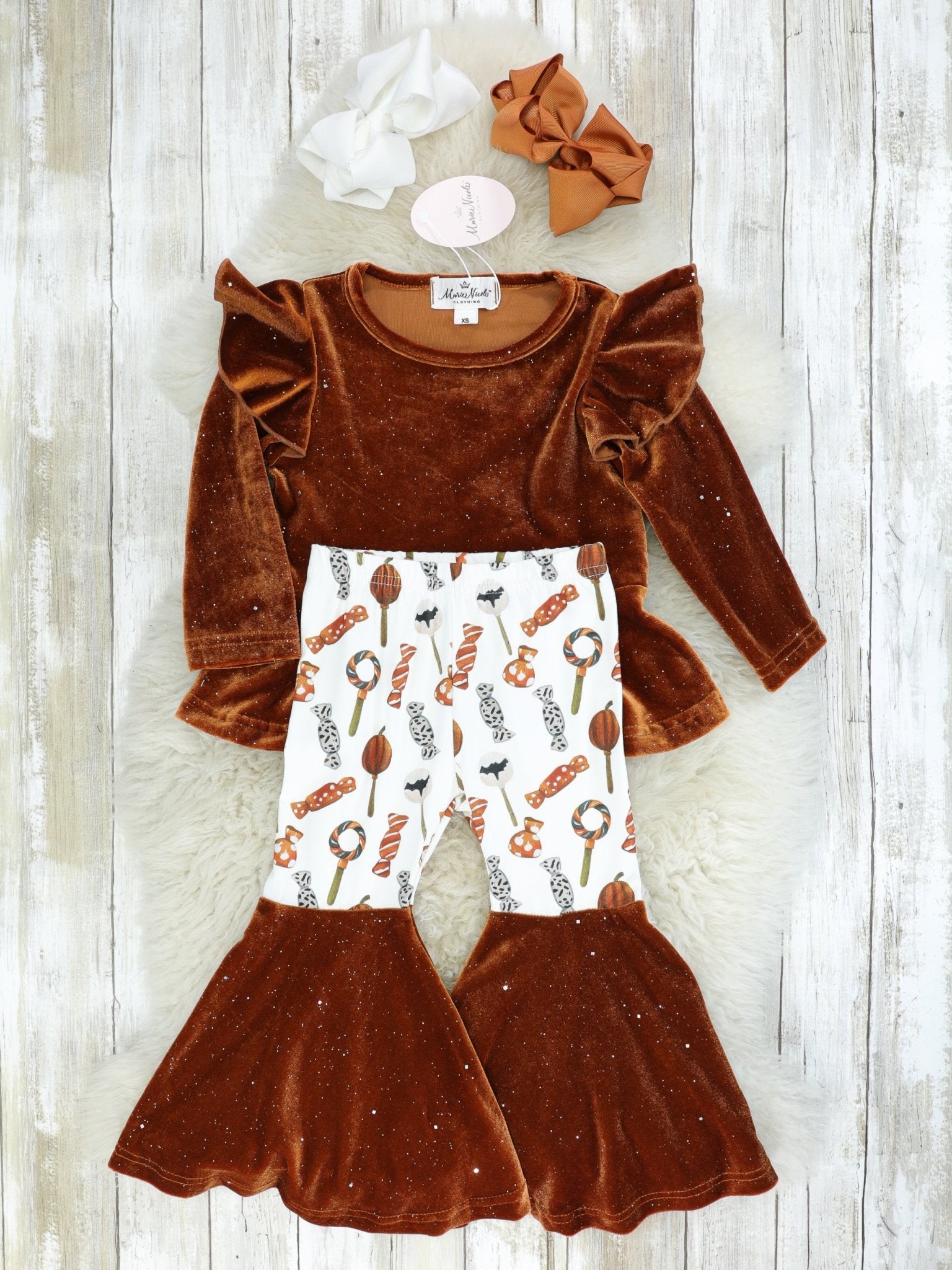 Brown Velvet Top & Orange Candies Bell Bottoms Outfit - Marie Nicole Clothing