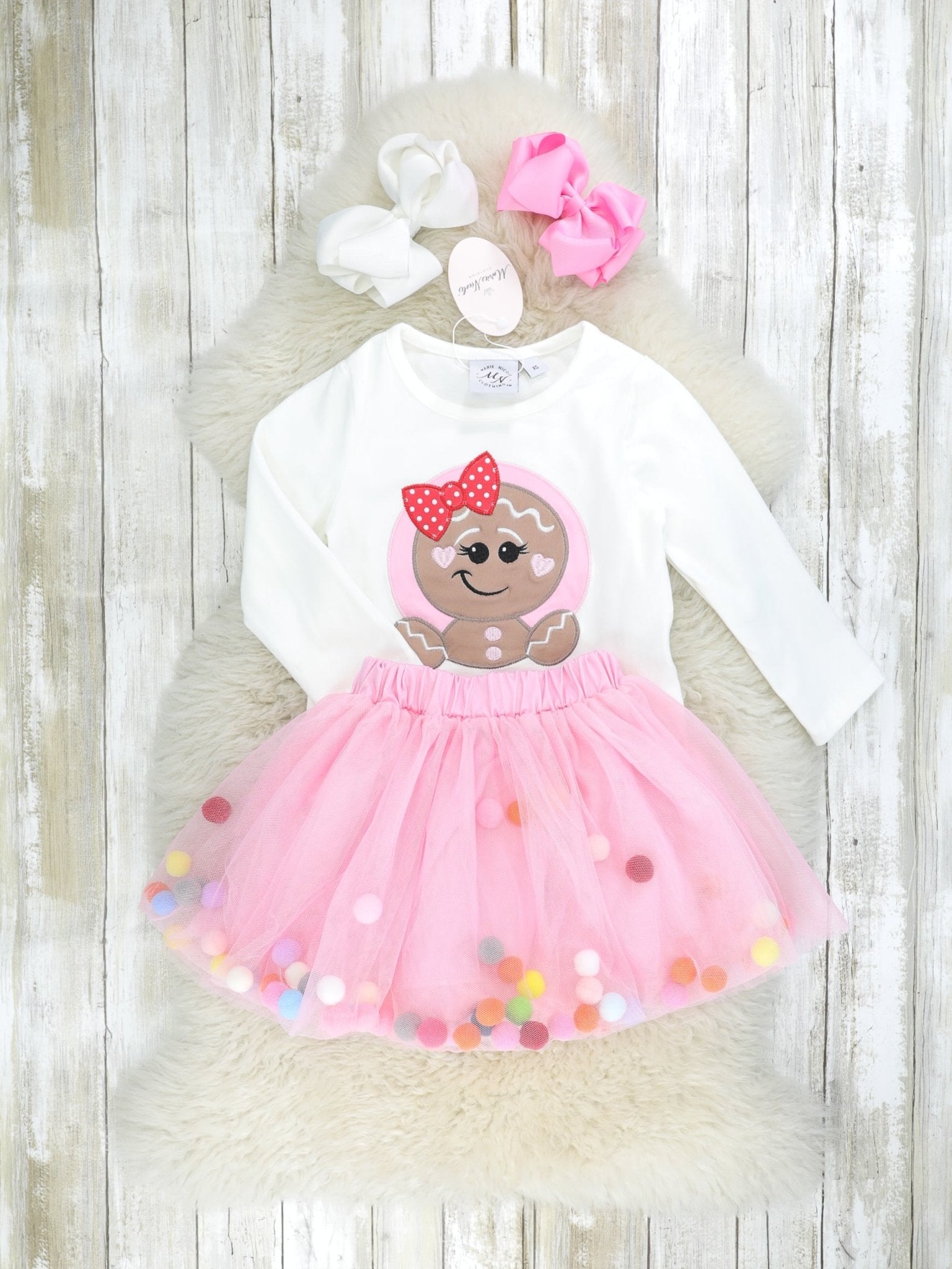Pink Gingerbread Tulle Pom Pom Outfit - Marie Nicole Clothing
