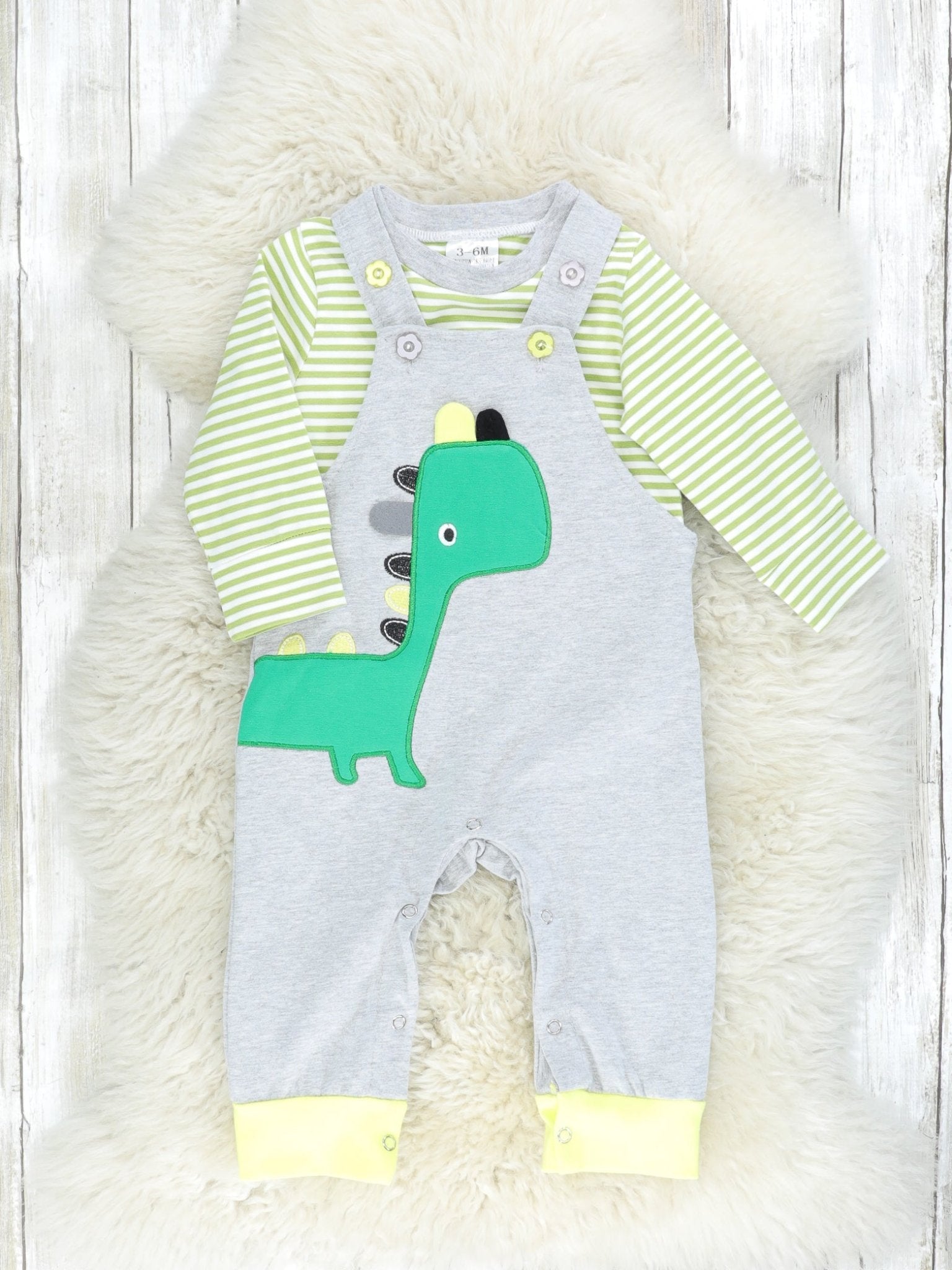 Green Striped Top & Dinosaur Overalls Set - Marie Nicole Clothing