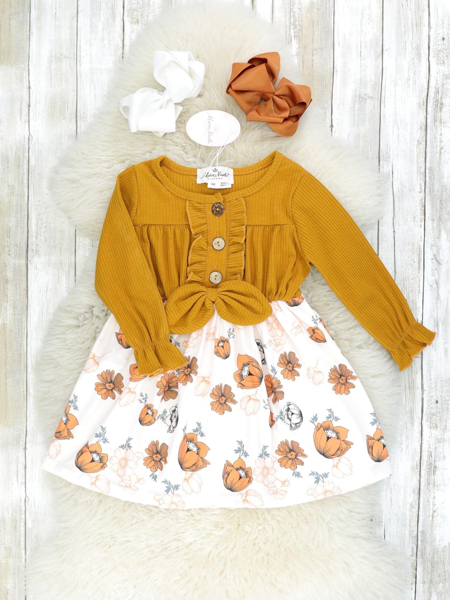 Brown Ribbed Floral Ruffle Dress - Marie Nicole Clothing