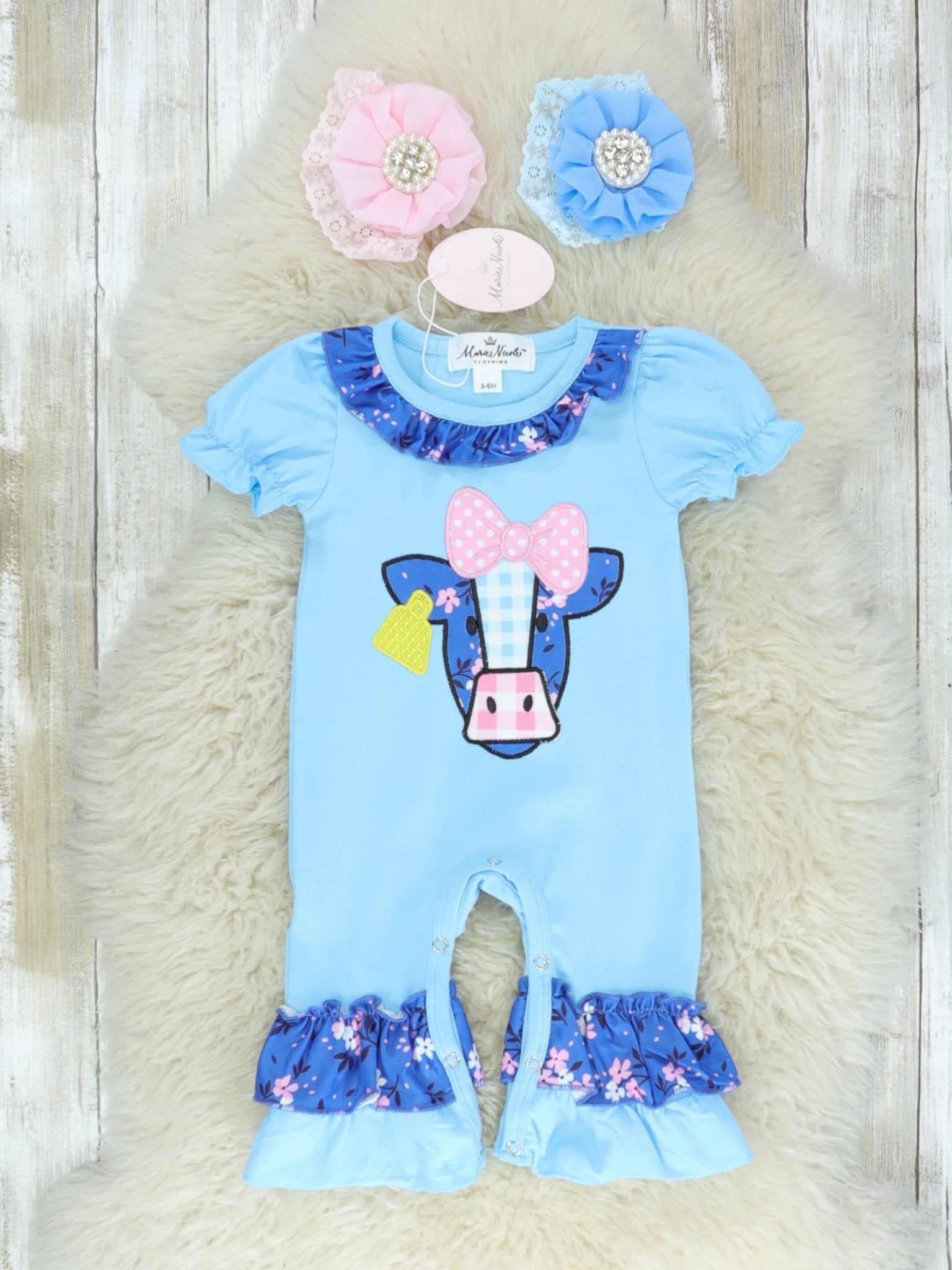 Blue Cow Ruffle Romper - Marie Nicole Clothing